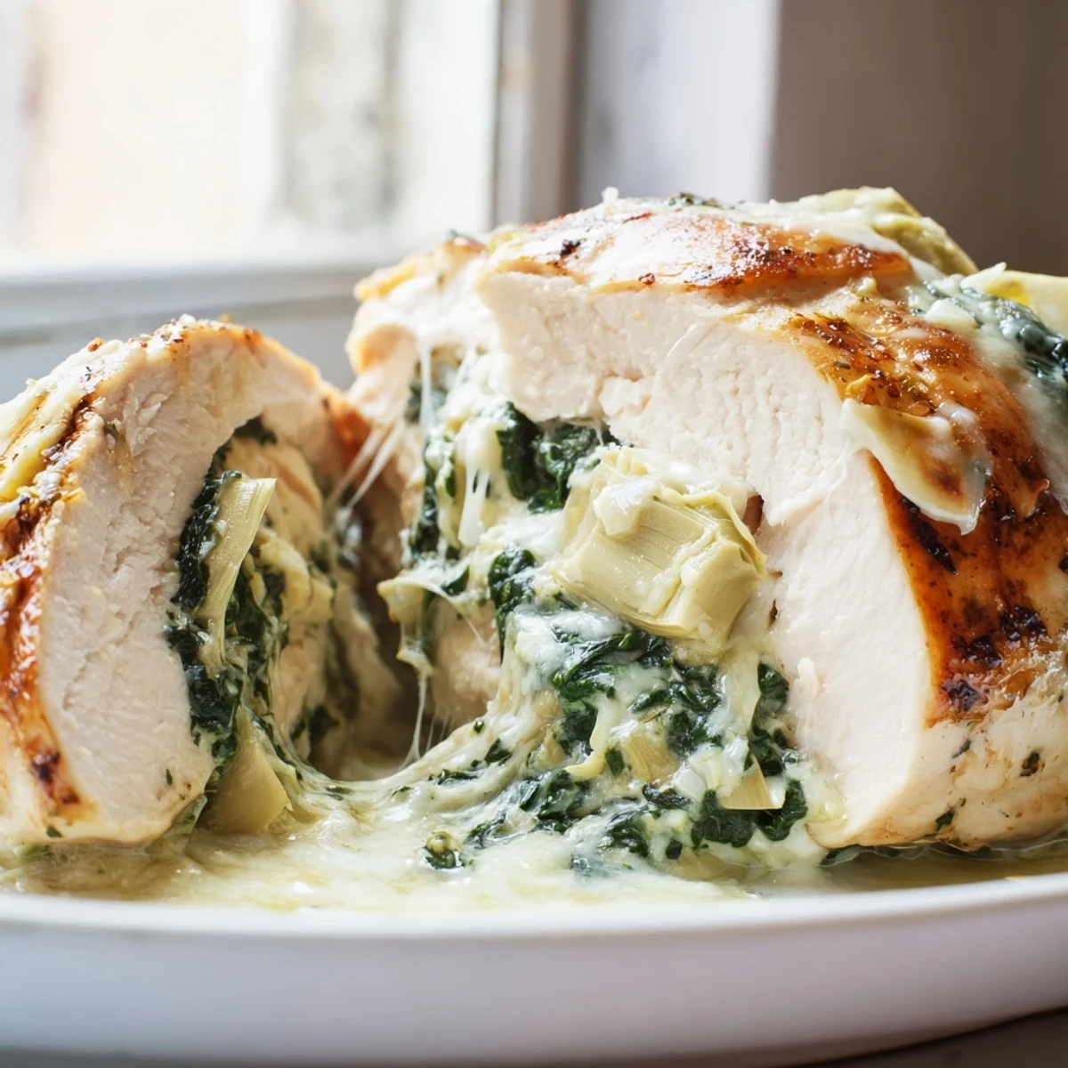 Golden-baked spinach and artichoke stuffed chicken breast sliced open, revealing a creamy, melted cheese filling flecked with green spinach.