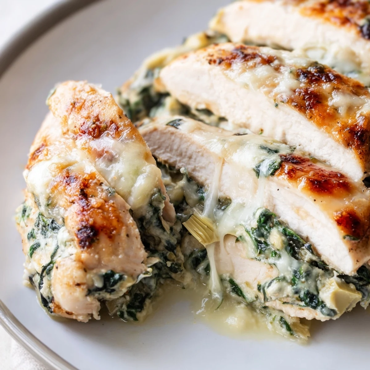 Savory spinach and artichoke stuffed chicken breast served on a white plate, garnished with fresh parsley and ready to enjoy.