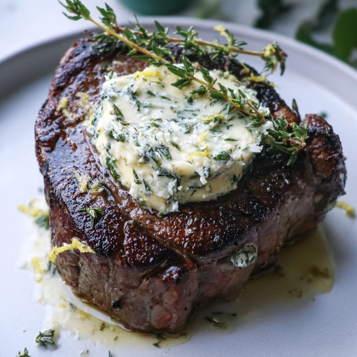 Golden-brown Romantic Filet Mignon with Garlic Herb Butter served with creamy mashed potatoes and a glass of red wine.
