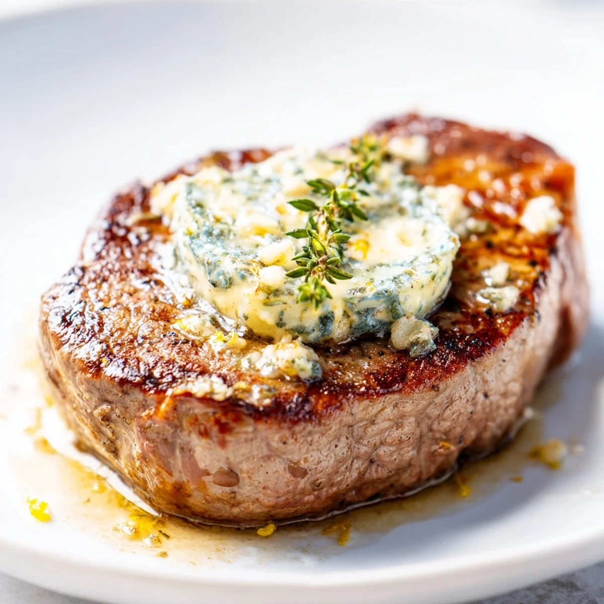 A close-up of Romantic Filet Mignon with Garlic Herb Butter, showcasing the golden-brown crust and herb-flecked butter.  