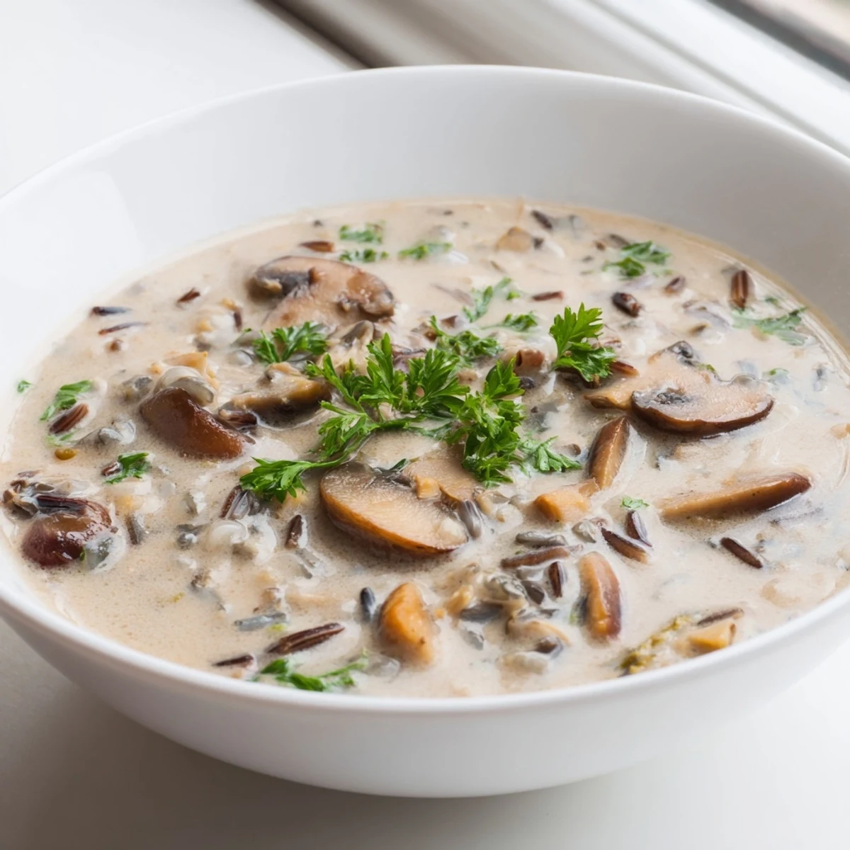 A close-up of creamy mushroom and wild rice soup steaming in a rustic bowl, garnished with fresh parsley and a swirl of cream.