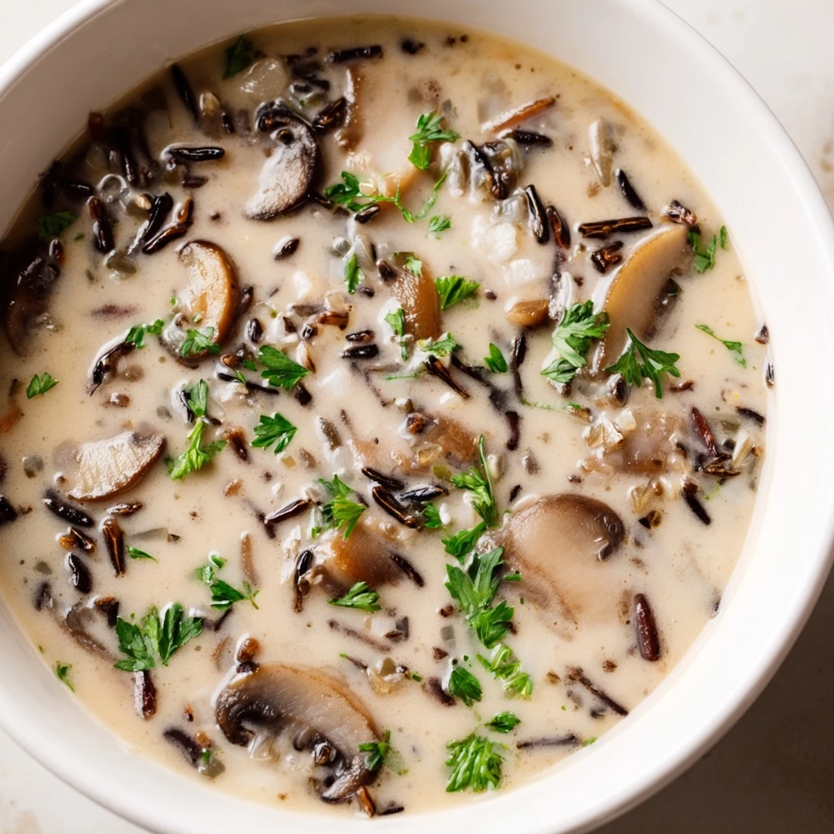 Hearty bowl of creamy mushroom and wild rice soup with sautéed mushrooms and tender wild rice, ready to serve with crusty bread.