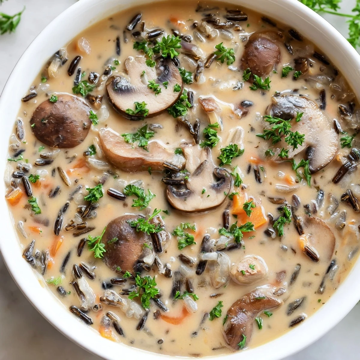 Velvety mushroom and wild rice soup in a white ceramic mug, garnished with herbs, perfect for a cozy vegetarian lunch.