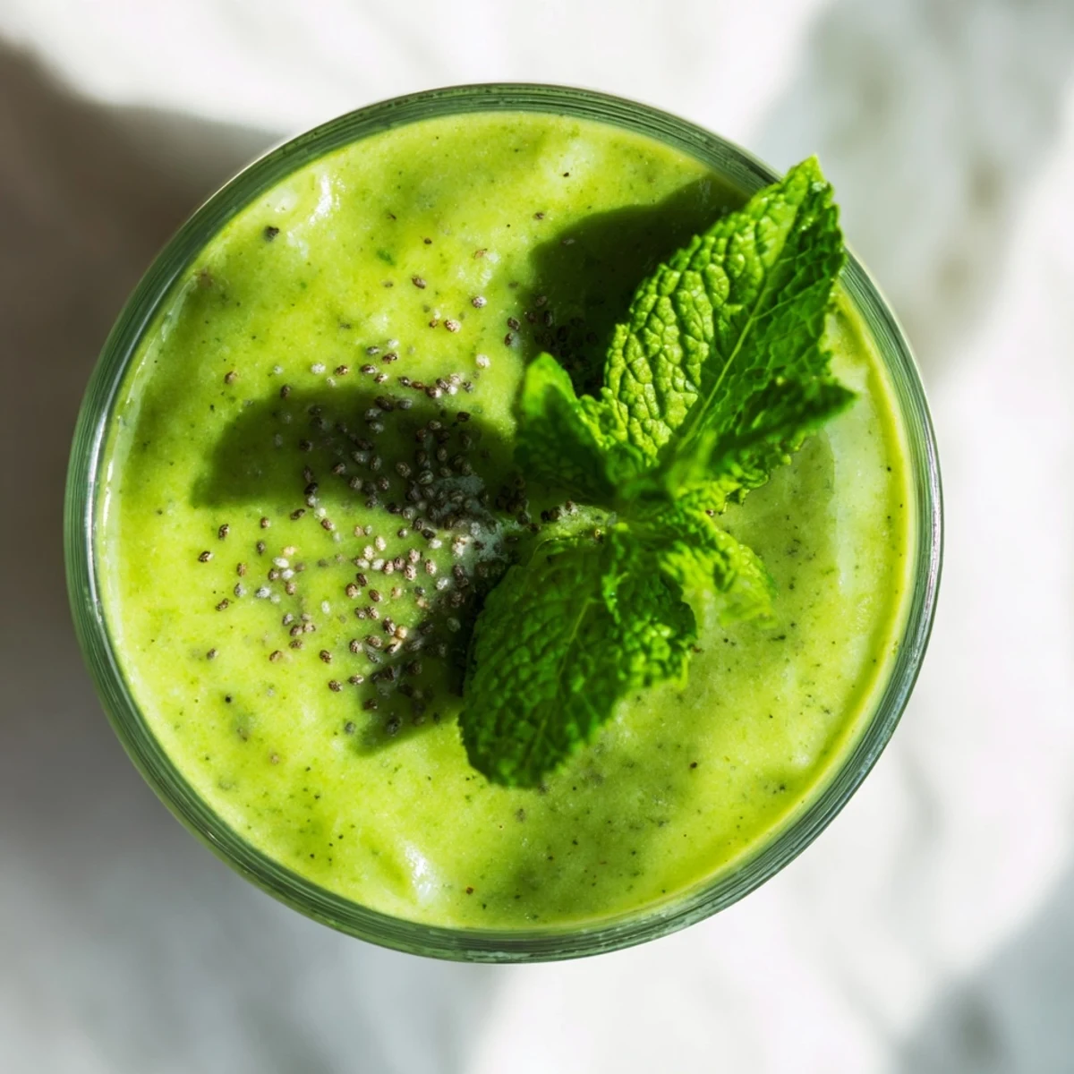 A vibrant Shamrock Green Smoothie with Spinach and Banana in a clear glass, garnished with fresh mint.