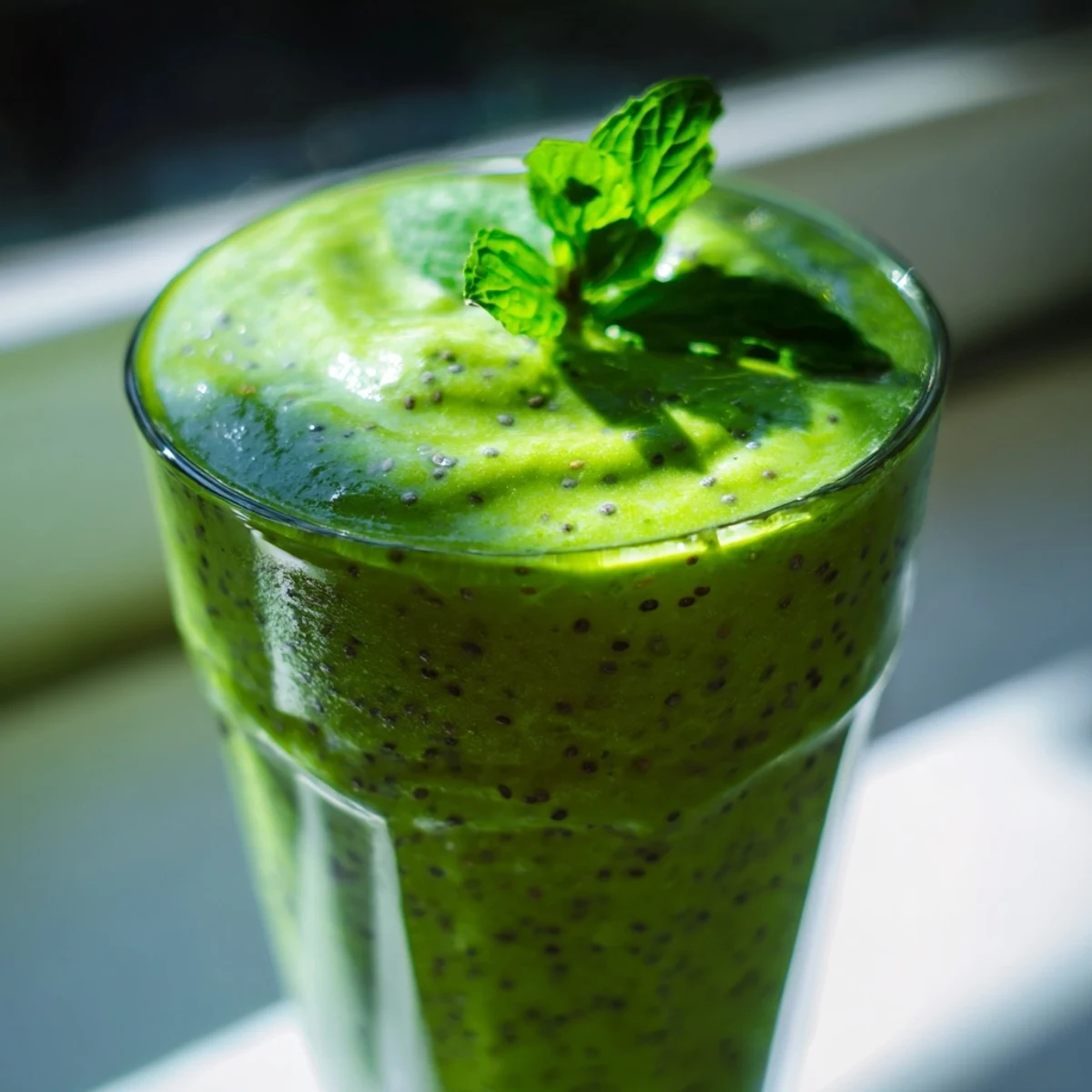 Two chilled glasses of Shamrock Green Smoothie with Spinach and Banana, topped with chia seeds and a mint sprig.