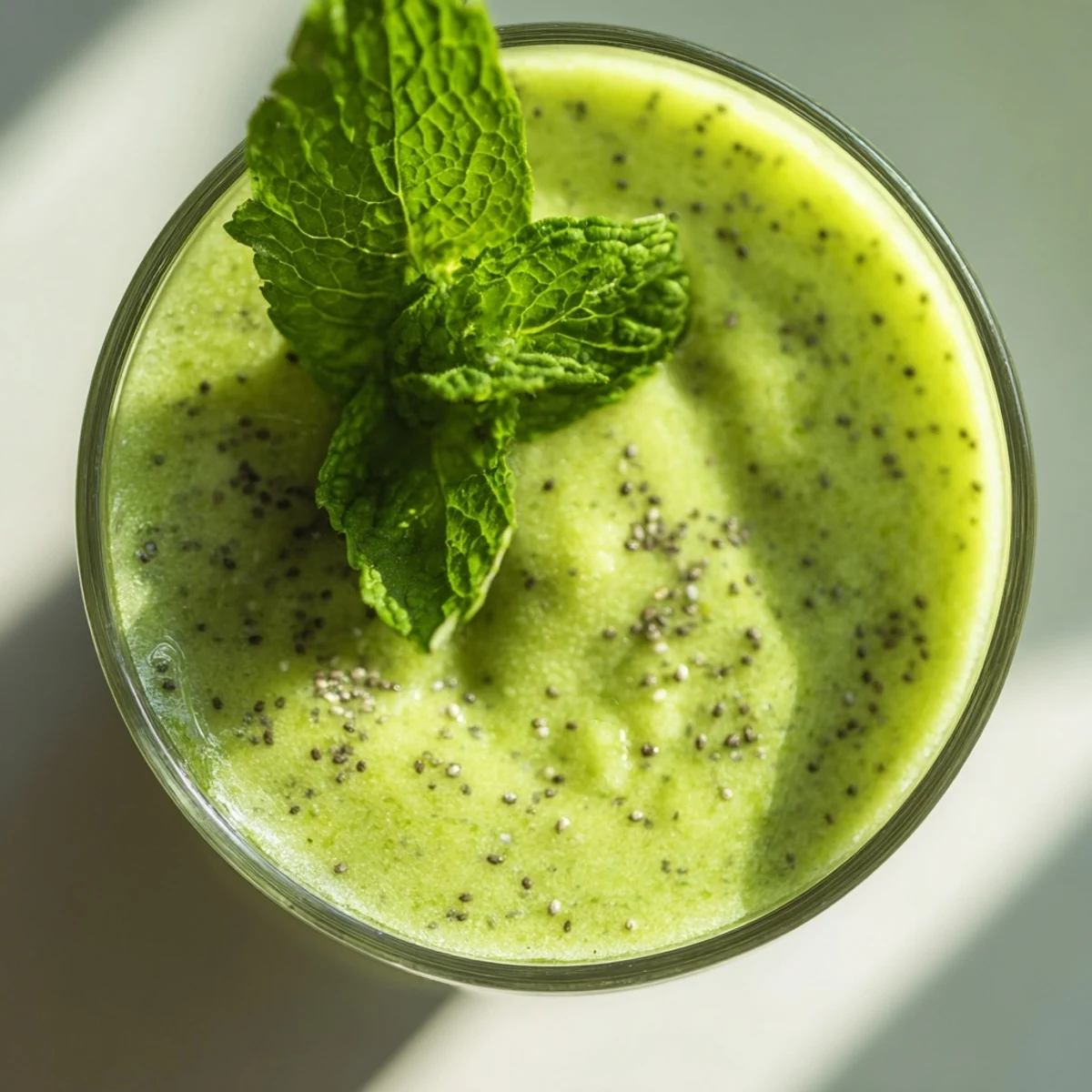 Close-up of the creamy Shamrock Green Smoothie with Spinach and Banana, showing its thick texture next to fresh ingredients.