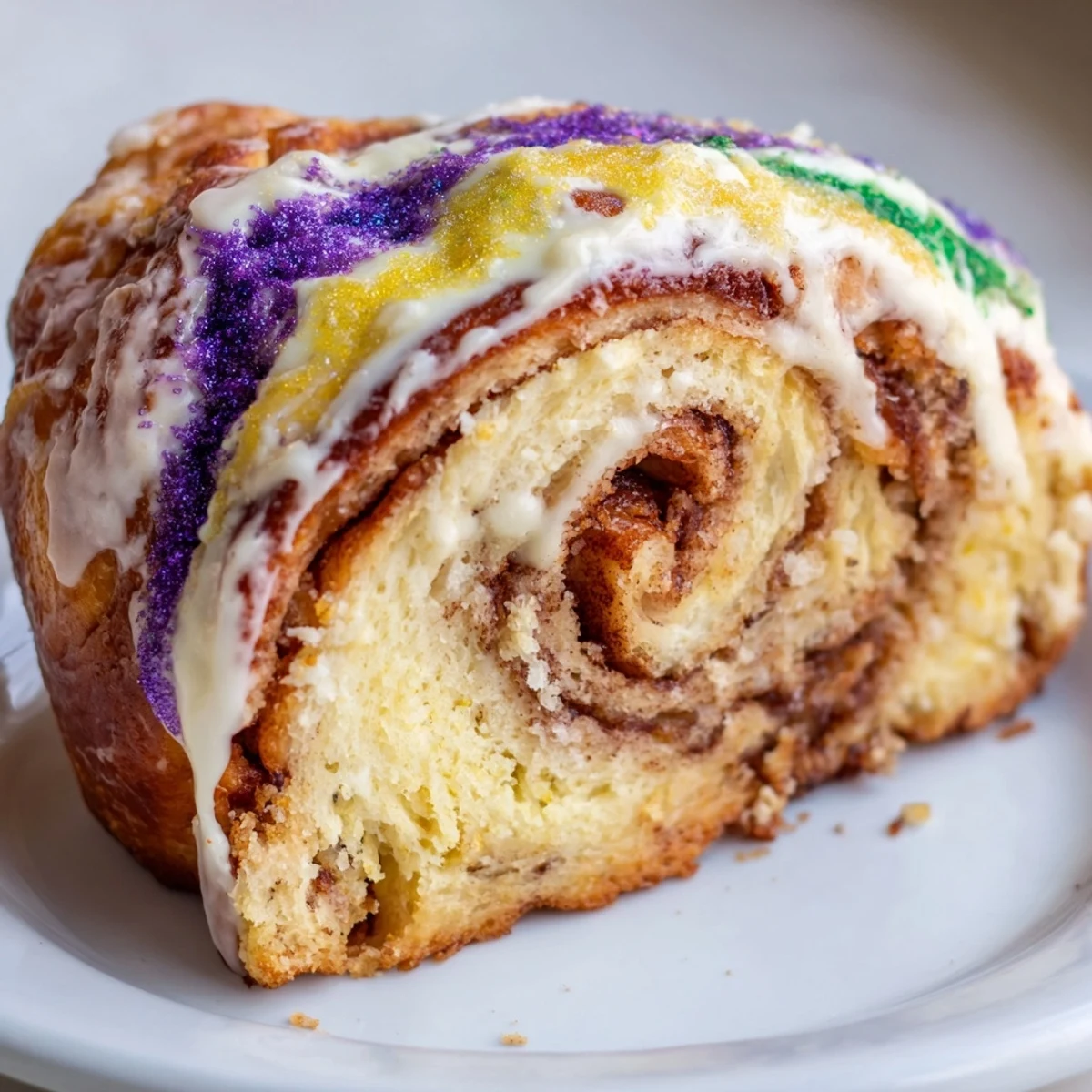 A freshly baked King Cake with a golden brioche crust, showcasing a rich cinnamon swirl and a drizzle of vanilla icing.