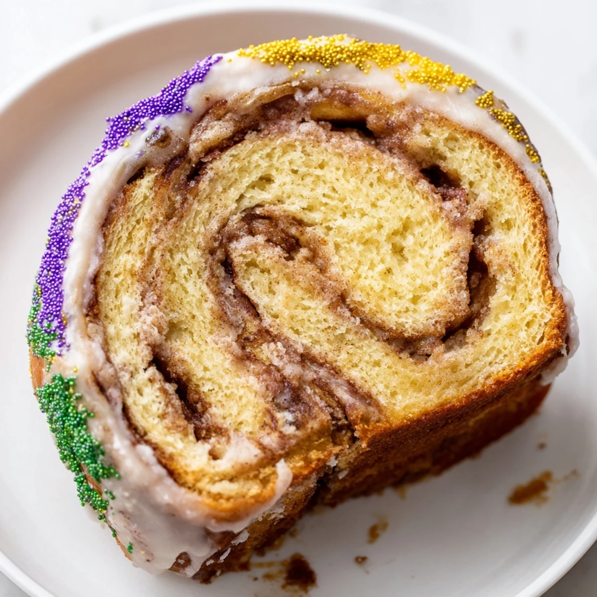 A festive Mardi Gras King Cake sits on a wooden board, with a soft brioche texture and glossy vanilla icing dripping down the sides.