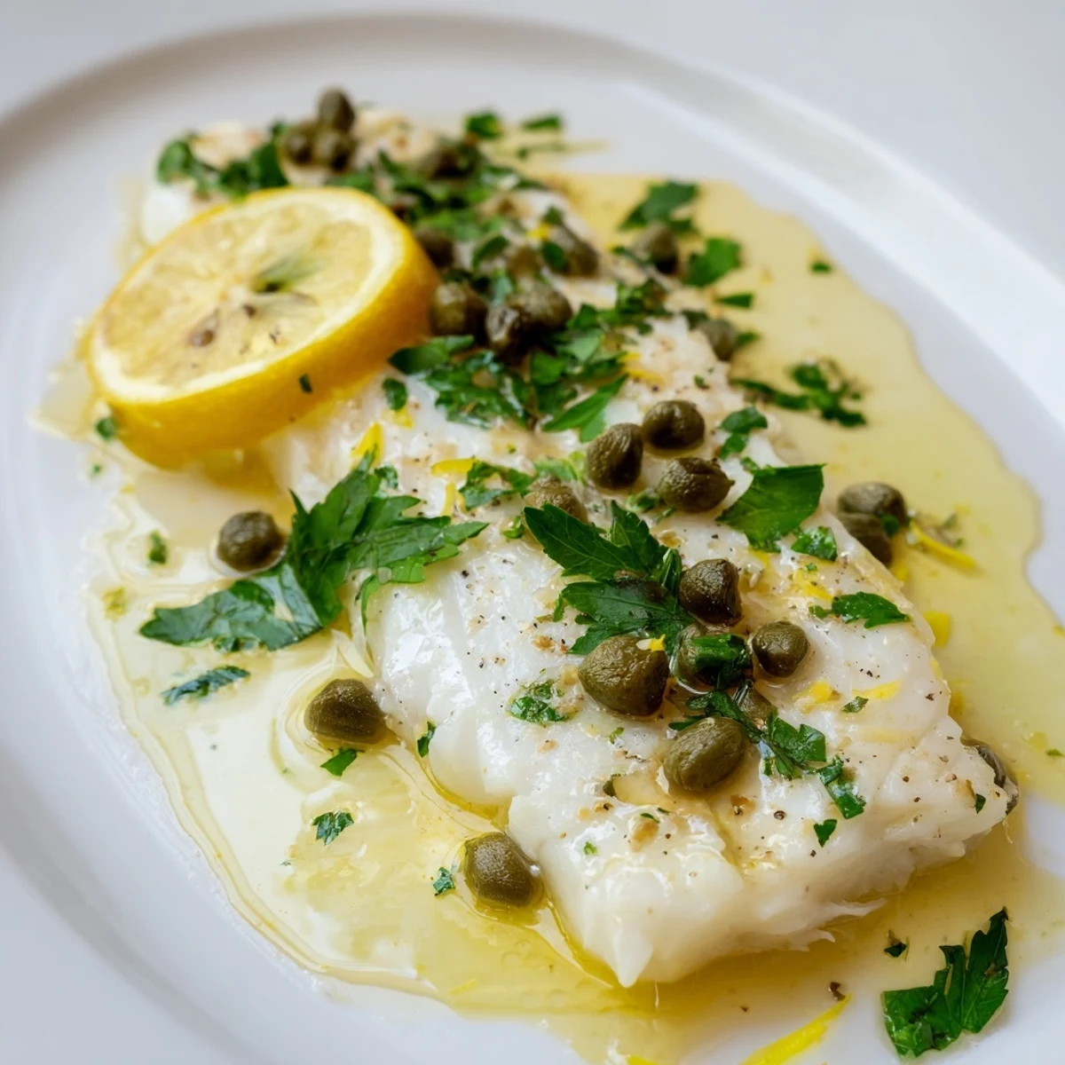 Close-up of tender flaked cod with lemon butter and capers, garnished with fresh parsley and lemon slices on a white plate.  
