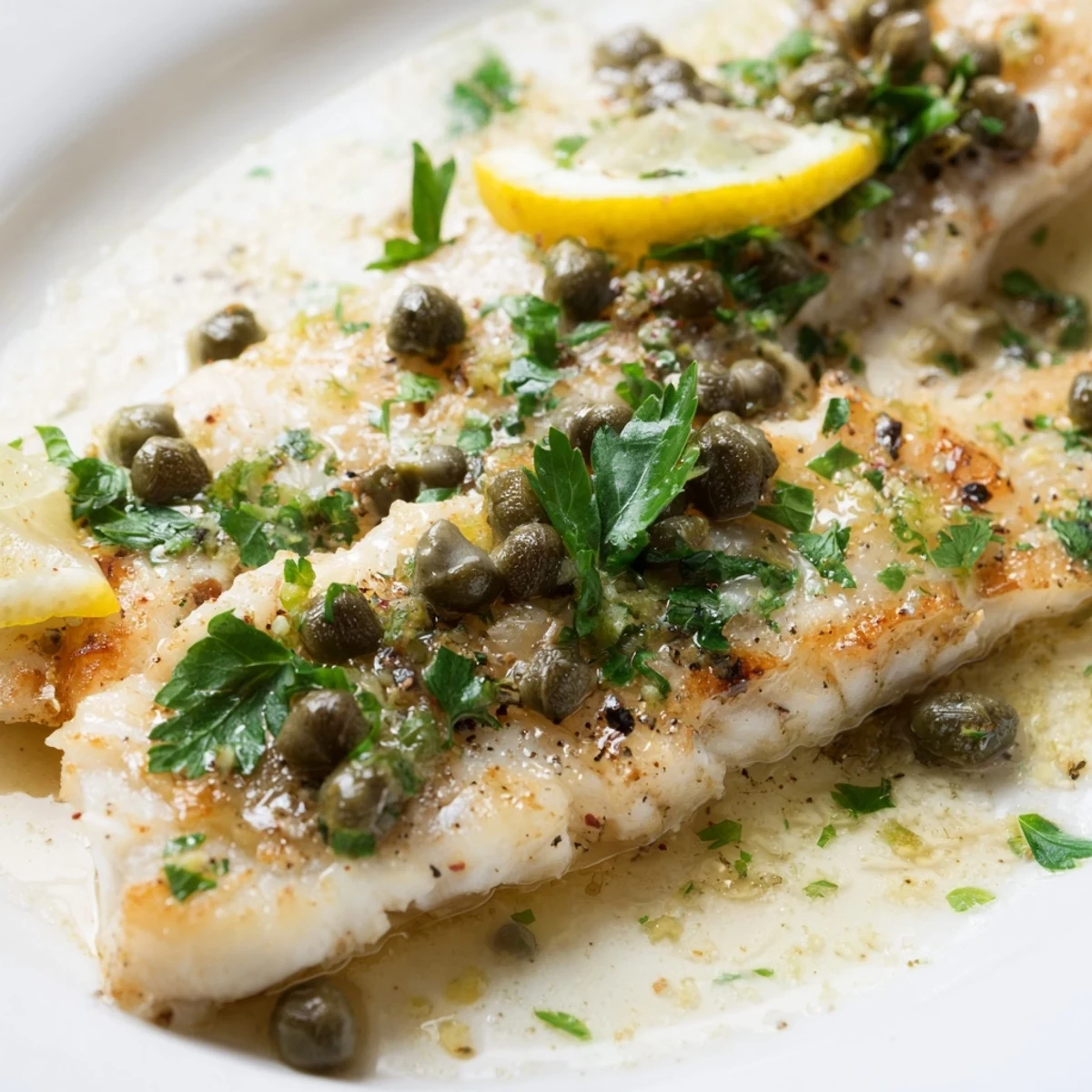 Golden-brown baked cod fillets in a baking dish, glistening with lemon butter sauce and topped with briny capers and fresh parsley.  