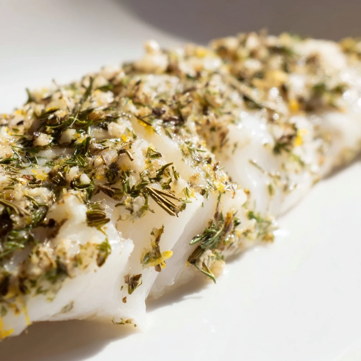 Tender baked hake fillets, brushed with lemon and fresh herbs, resting in a baking dish with lemon wedges for garnish.