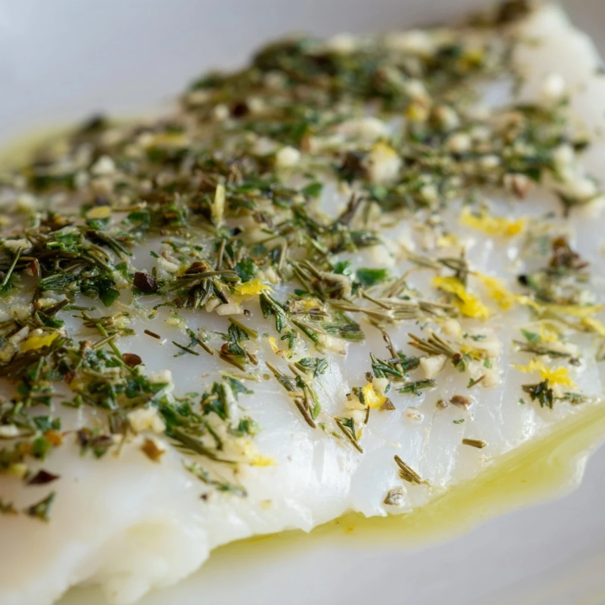 Golden hake fillets, topped with vibrant herbs and lemon zest, baked until flaky and served over a bed of steamed vegetables.