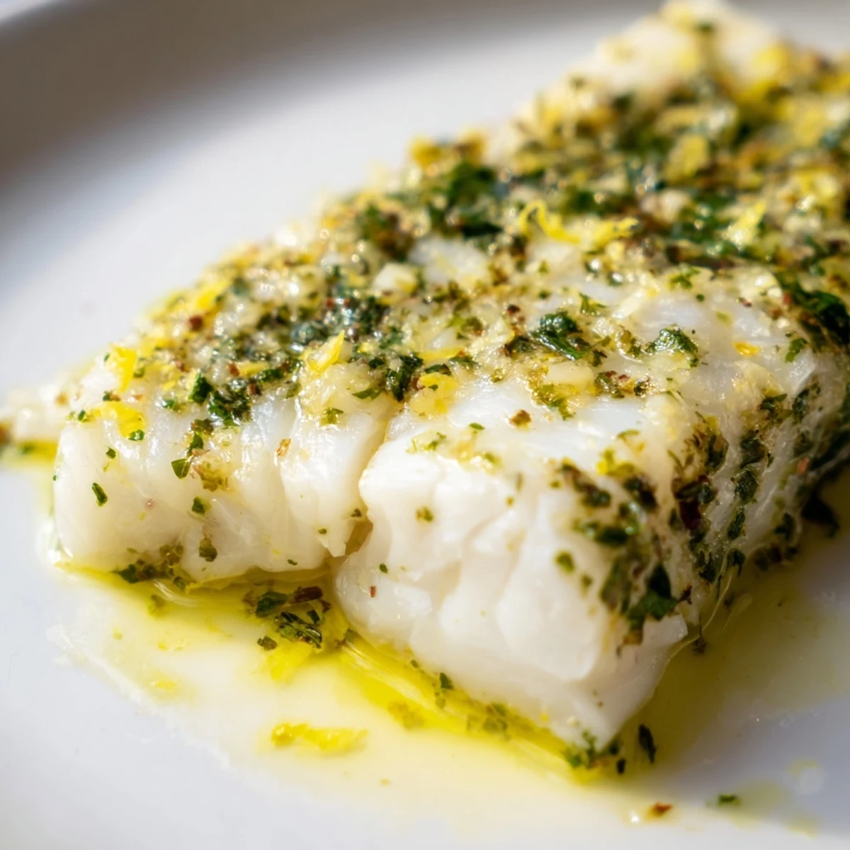 A close-up of fragrant baked hake with lemon and herbs, fresh dill and parsley garnish, ready for a healthy dinner plate.
