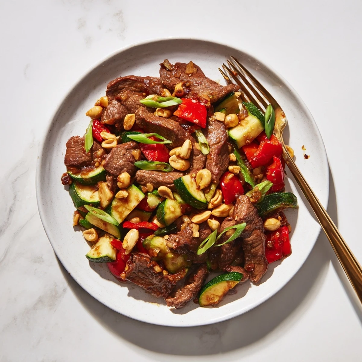 Vibrant plate of Spicy Kung Pao Beef with Peanuts, featuring stir-fried beef, bell peppers, and zucchini in a glossy, savory sauce.  