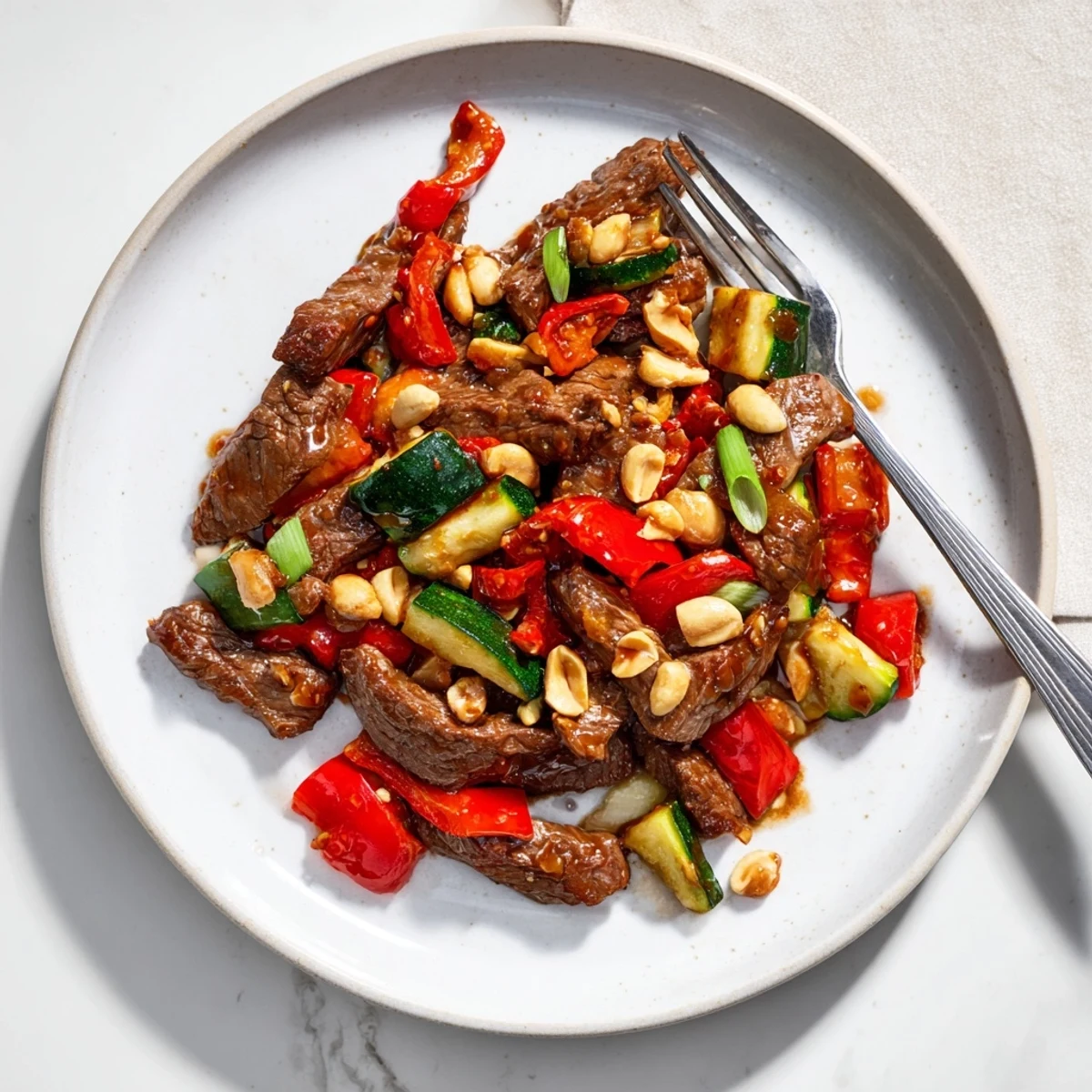 Golden-brown beef and crunchy peanuts in Spicy Kung Pao Beef, garnished with green onions and served alongside fluffy steamed rice.  