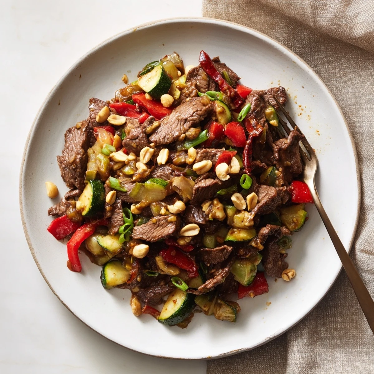 Sizzling wok of Spicy Kung Pao Beef with Peanuts, showcasing colorful vegetables, dried red chilies, and tender beef pieces.
