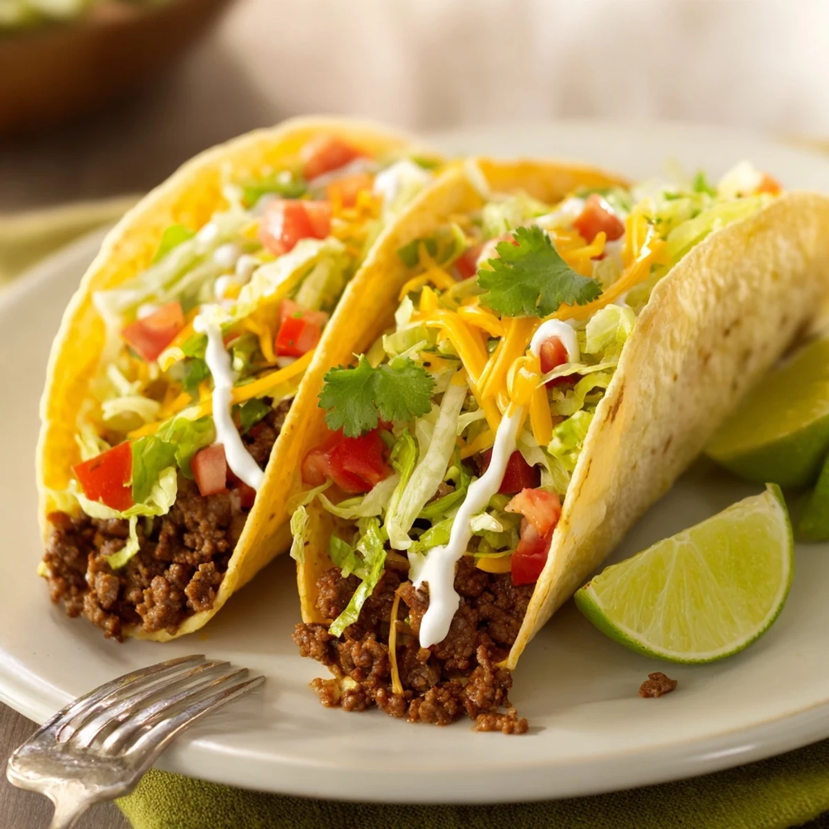 Warm soft flour tortillas cradle seasoned ground beef, topped with shredded lettuce, diced tomatoes, and melted cheese in this Beef Tacos with Soft Flour Tortillas recipe.