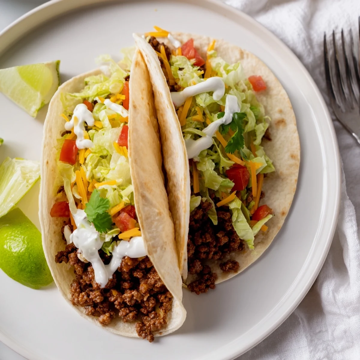 A close-up of Beef Tacos with Soft Flour Tortillas shows juicy meat, fresh cilantro, sour cream drizzle, and a lime wedge ready for squeezing.