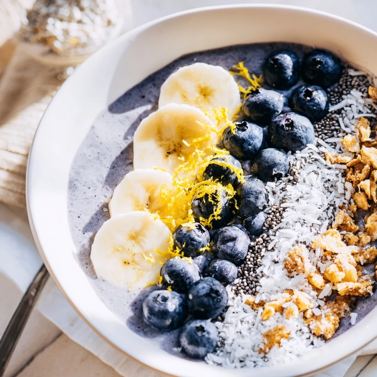 Bright purple Lemon Blueberry Smoothie Bowl topped with sliced bananas, granola, and fresh blueberries on a marble counter.