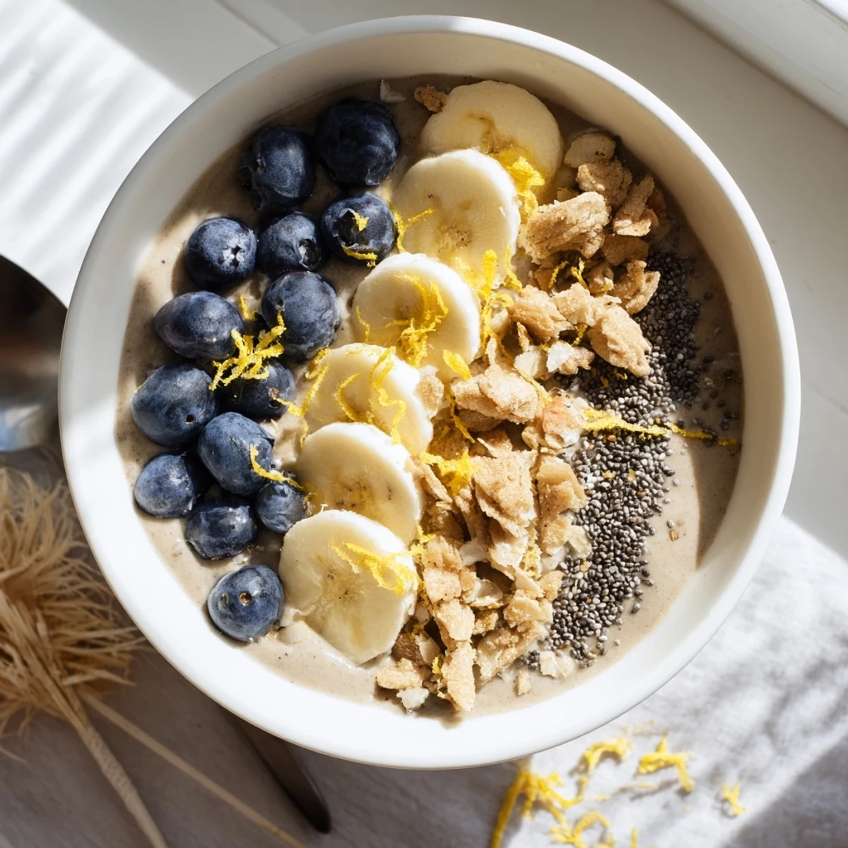 Spooned Lemon Blueberry Smoothie Bowl garnished with lemon zest, chia seeds, and coconut flakes beside a glass of iced tea.