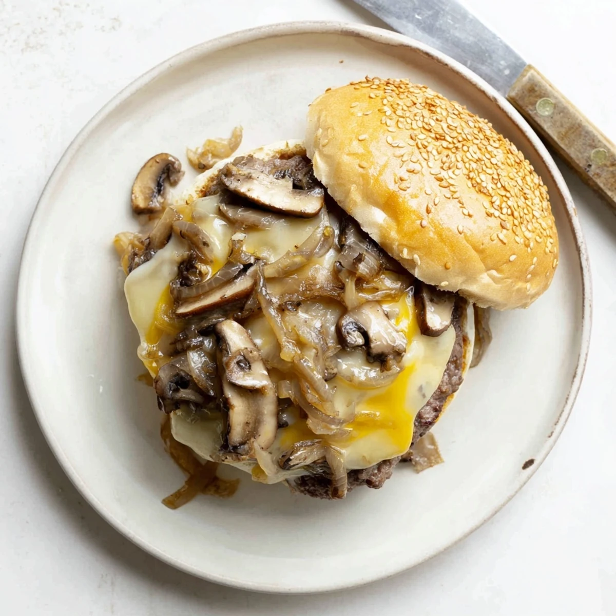 A gourmet Mushroom and Swiss Burger with caramelized onions on a toasted bun.