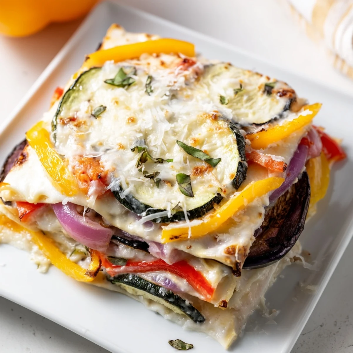 A close-up of roasted vegetable lasagna with creamy white sauce, golden bubbling cheese, and vibrant roasted zucchini and eggplant layers.