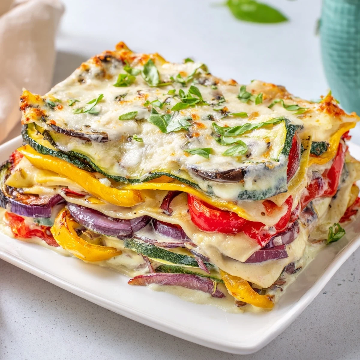 Roasted vegetable lasagna with creamy béchamel and golden cheese, served hot from the oven on a rustic wooden table.