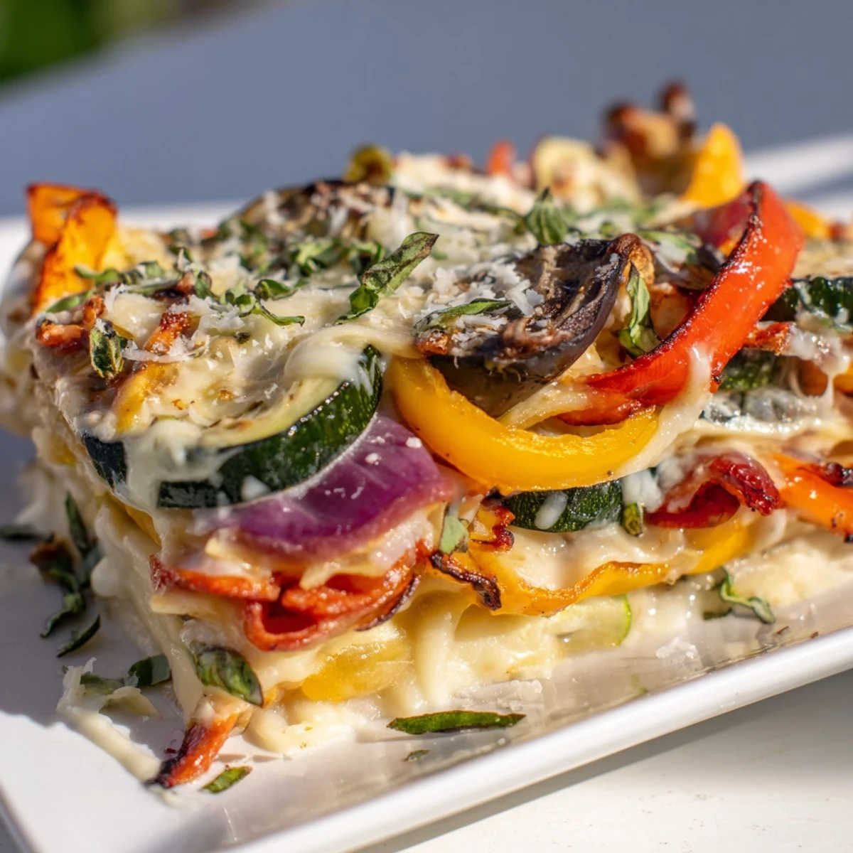 Freshly baked vegetarian lasagna featuring roasted red peppers, eggplant, and zucchini, layered with creamy white sauce and melted mozzarella.