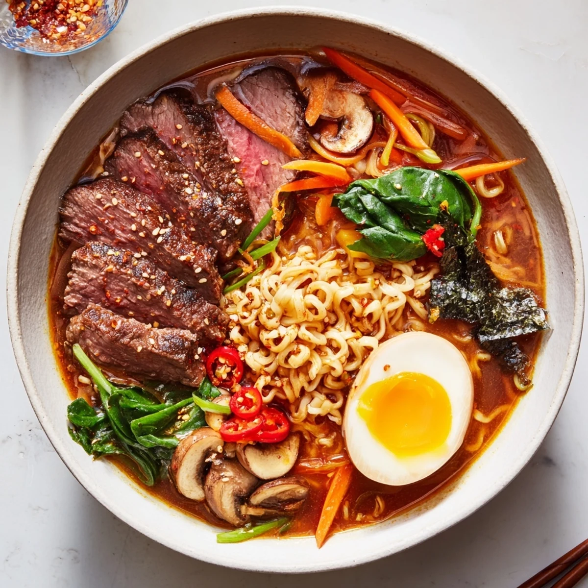 A bowl of homemade Spicy Beef Ramen with Soft Boiled Egg, featuring tender sliced beef, glossy noodles, and a perfectly jammy yolk peeking through spicy broth.  