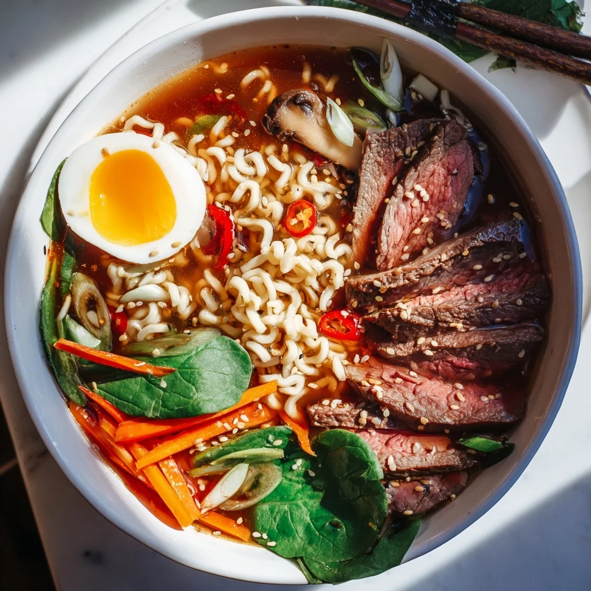 Steaming bowl of Spicy Beef Ramen with Soft Boiled Egg, garnished with chili slices, green onions, and sesame seeds for a quick weeknight dinner.  