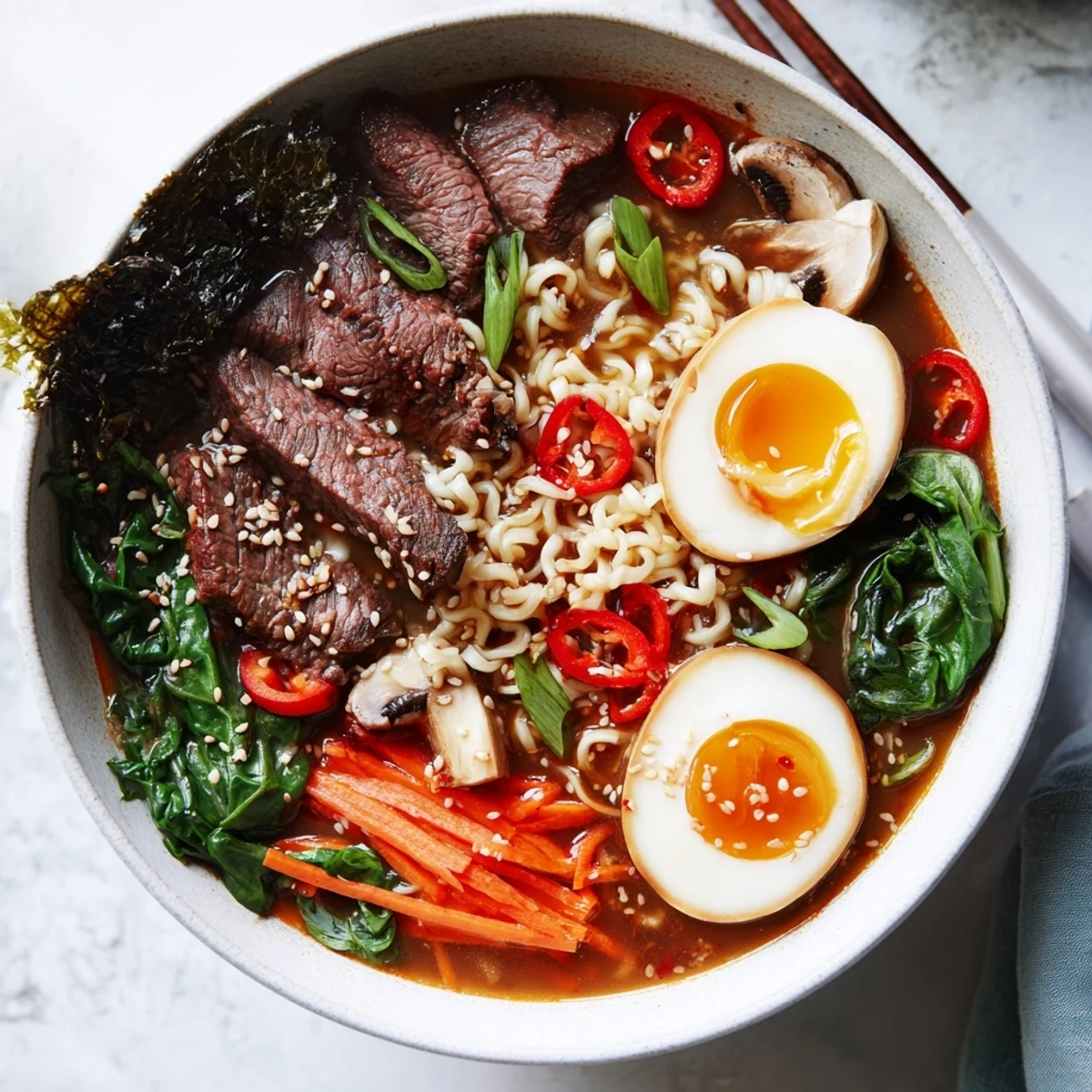 Close-up of Spicy Beef Ramen with Soft Boiled Egg in savory broth, with shiitake mushrooms and fresh spinach adding vibrant color and texture.