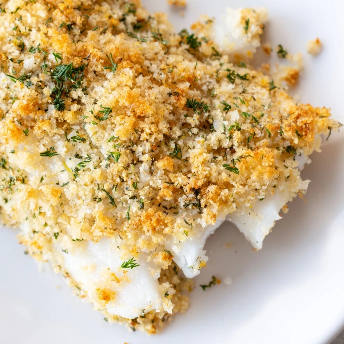 Crisp golden panko topping on baked cod fillets, served with lemon wedges for a zesty, fresh flavor.