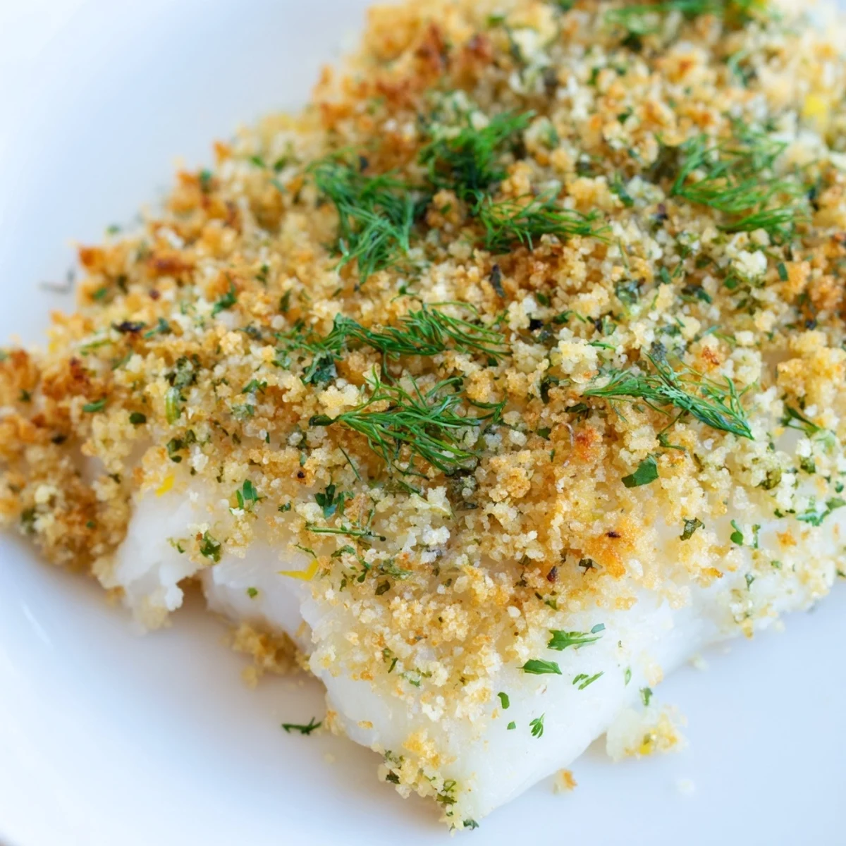A close-up of baked cod with lemon herb panko crumb, garnished with fresh dill and parsley.
