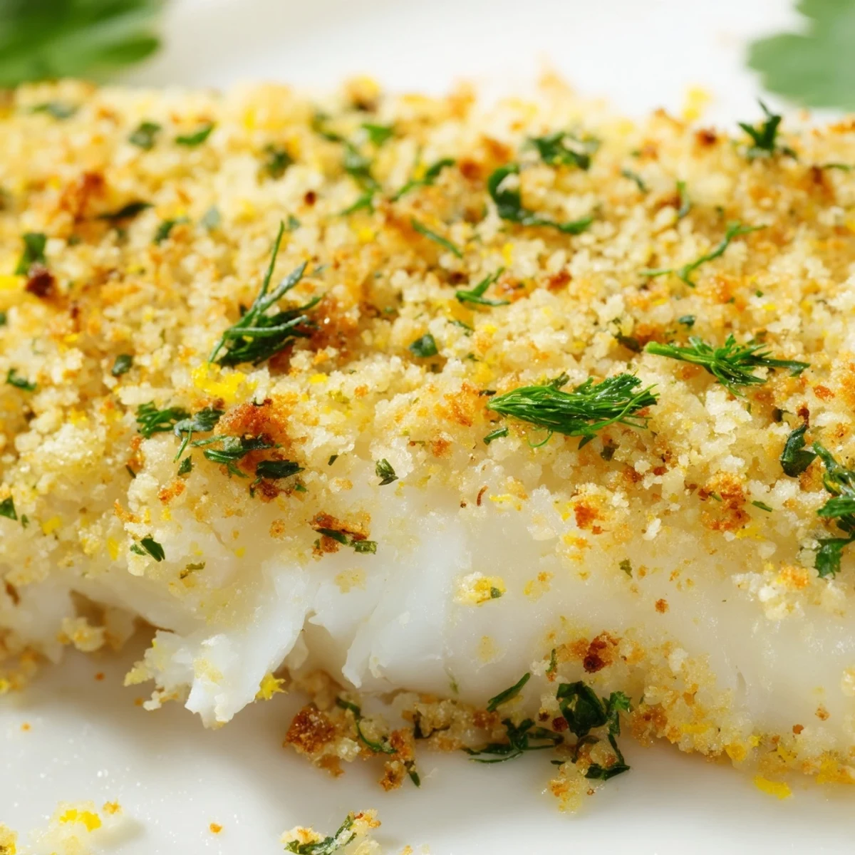Baked Cod with Lemon Herb Panko Crumb plated alongside steamed vegetables for a healthy main dish.