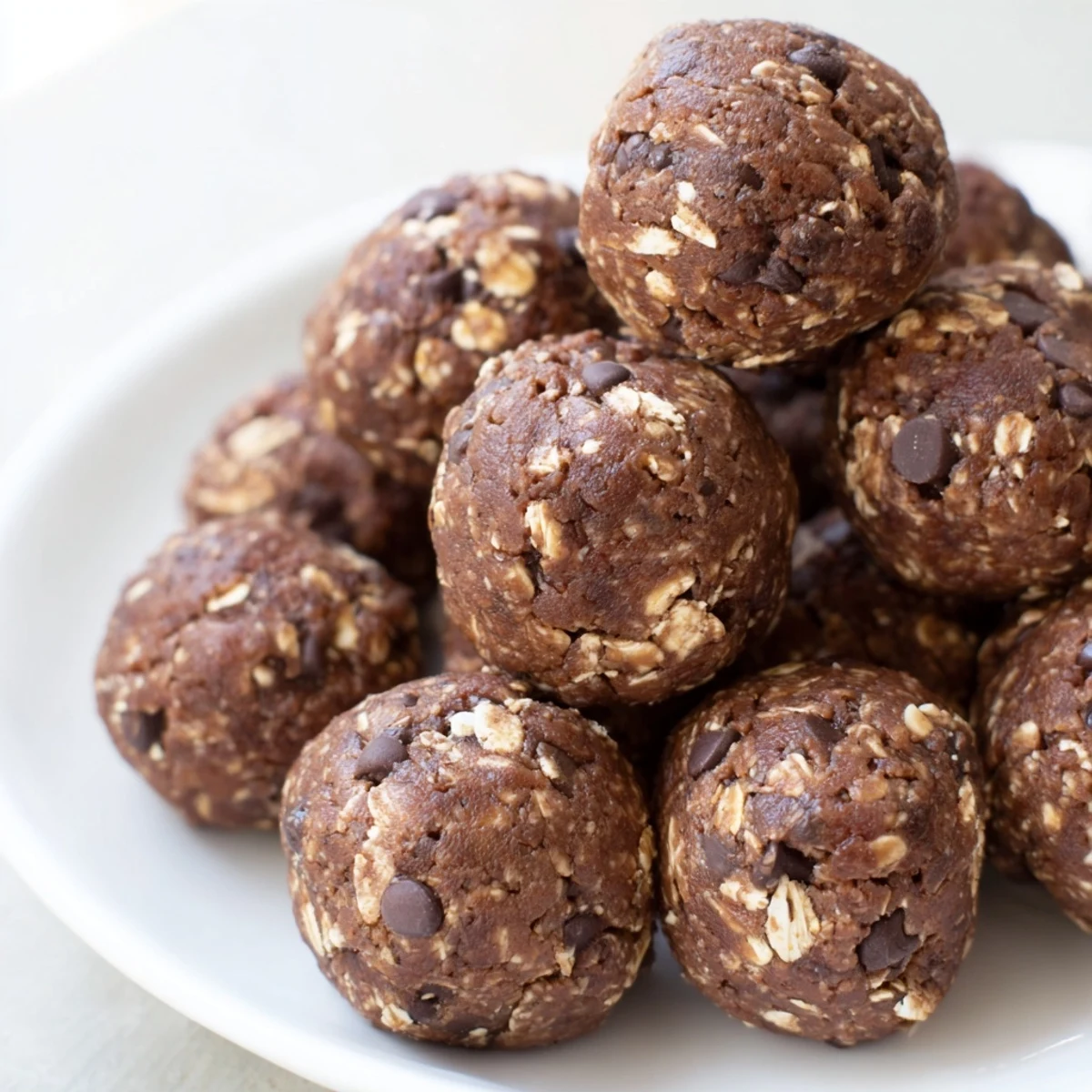 A close-up view of a chocolate peanut butter energy ball, cut in half to reveal the soft oats, mini dark chocolate chips, and rich, fudgy center.