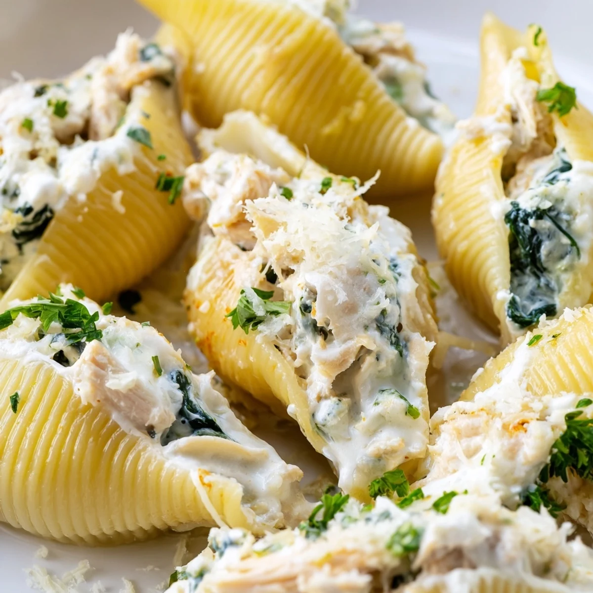 Golden-brown Chicken Alfredo Stuffed Shells with Spinach bubbling with creamy cheese in a baking dish.