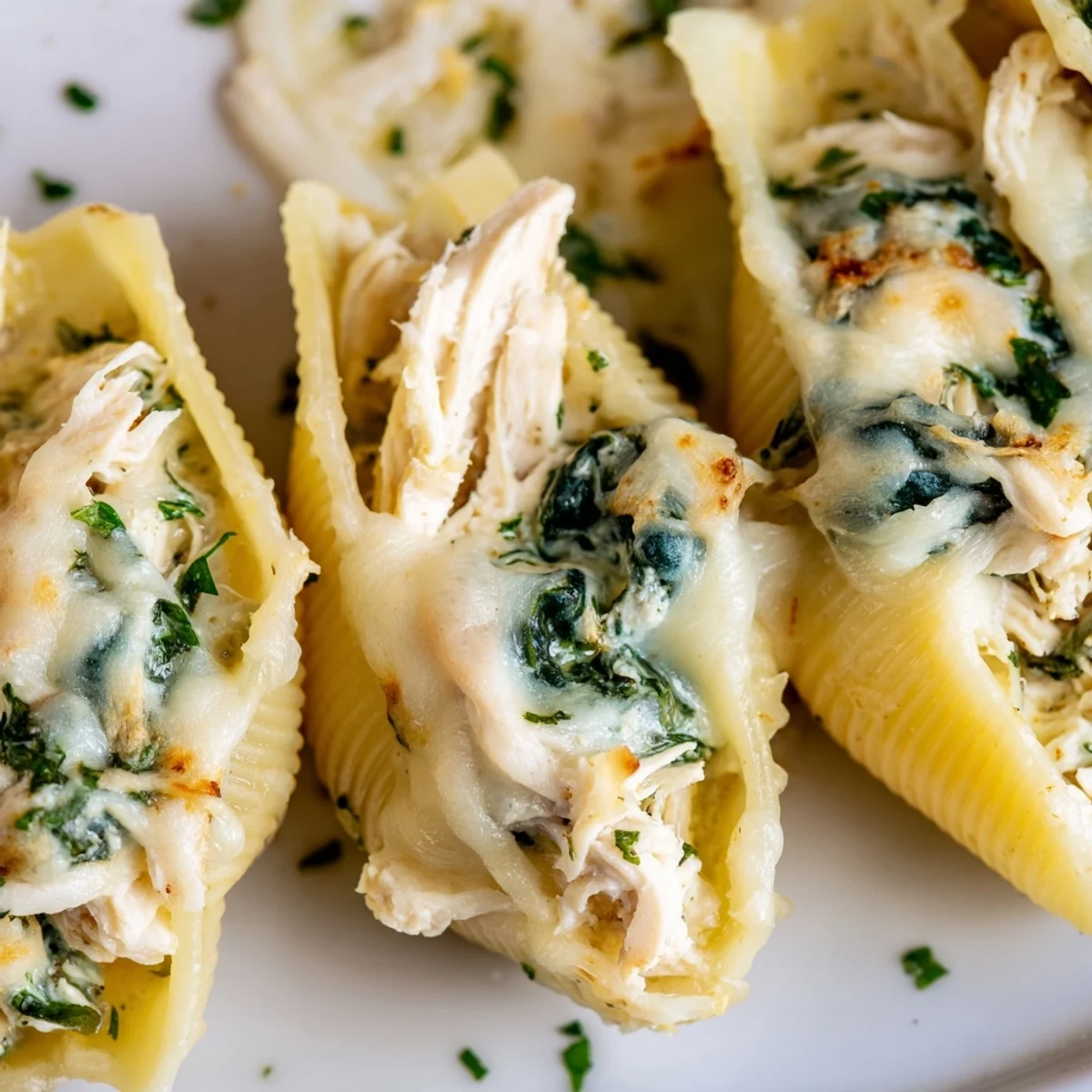 Stuffed Chicken Alfredo Shells with Spinach, topped with parsley, served beside a fresh green salad.