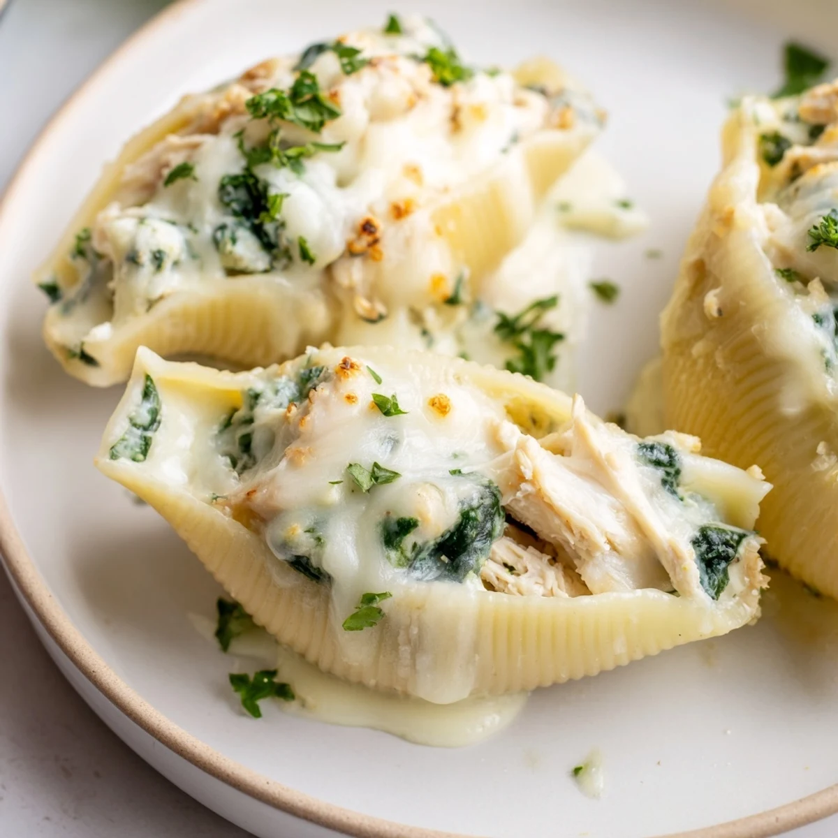 A single Chicken Alfredo Stuffed Shell with Spinach filled with ricotta, chicken, and greens on a fork.