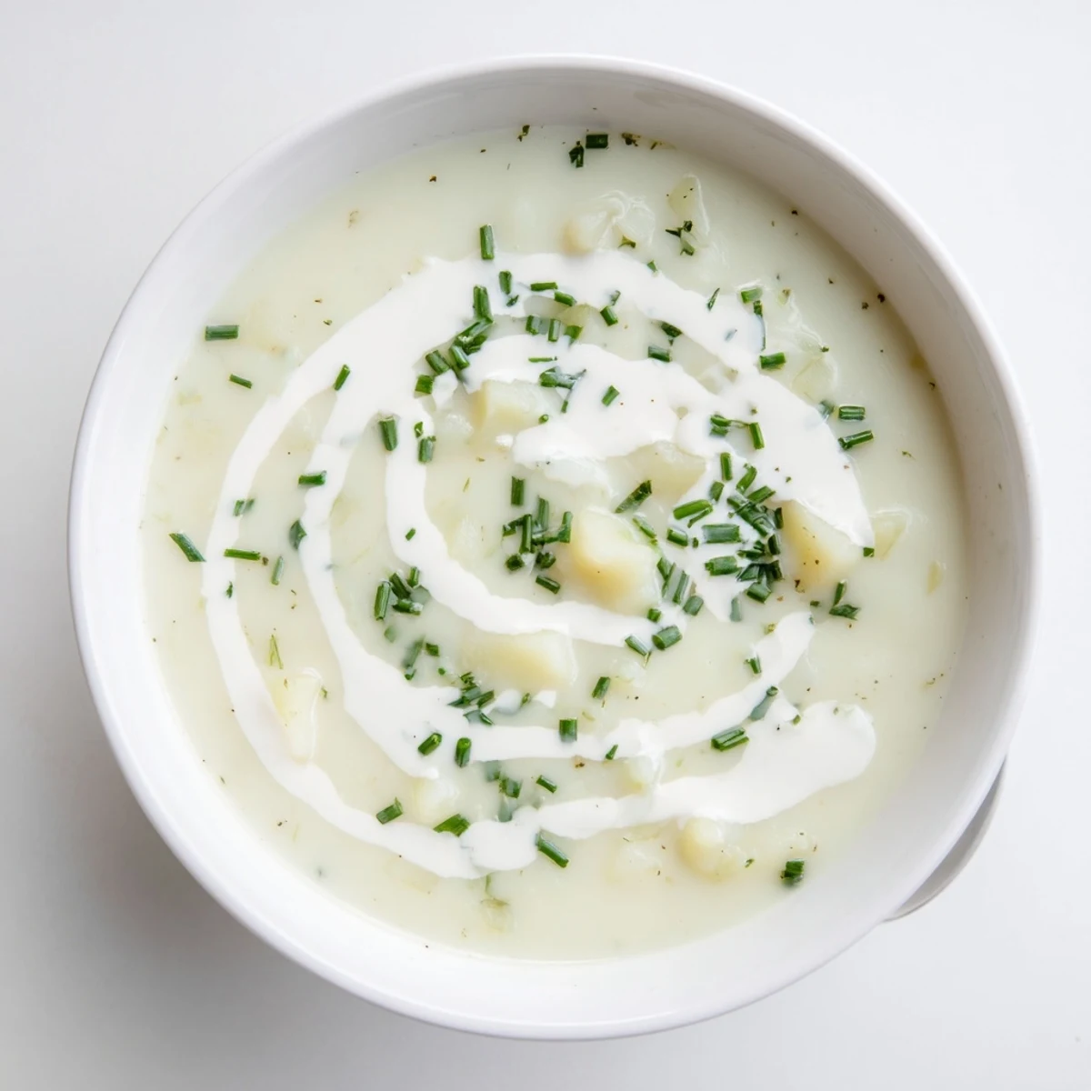 A bowl of creamy potato leek soup with chives, garnished with a swirl of cream and fresh green herbs, perfect for a cozy meal.