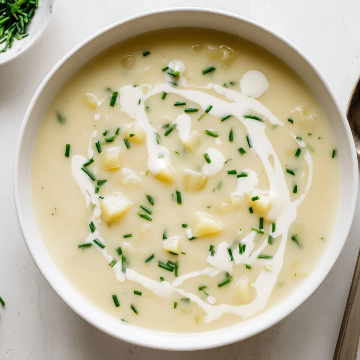 Close-up of velvety potato leek soup in a rustic bowl, topped with chopped chives, served alongside a slice of crusty bread.