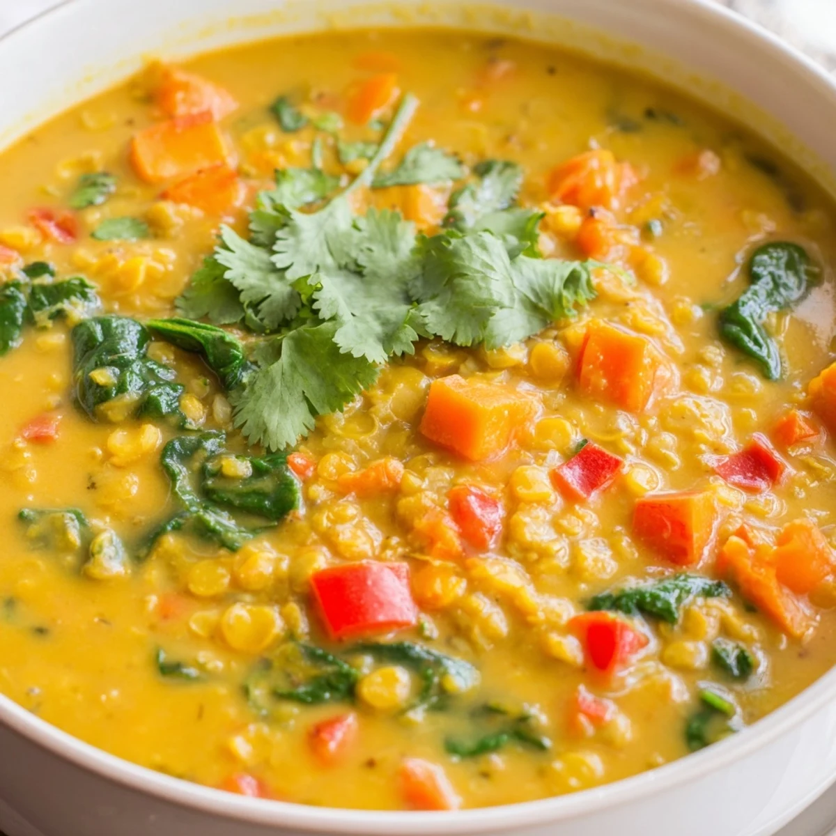 Creamy, aromatic Coconut Curry Lentil Soup with Spinach in a cozy bowl with fresh cilantro garnish.