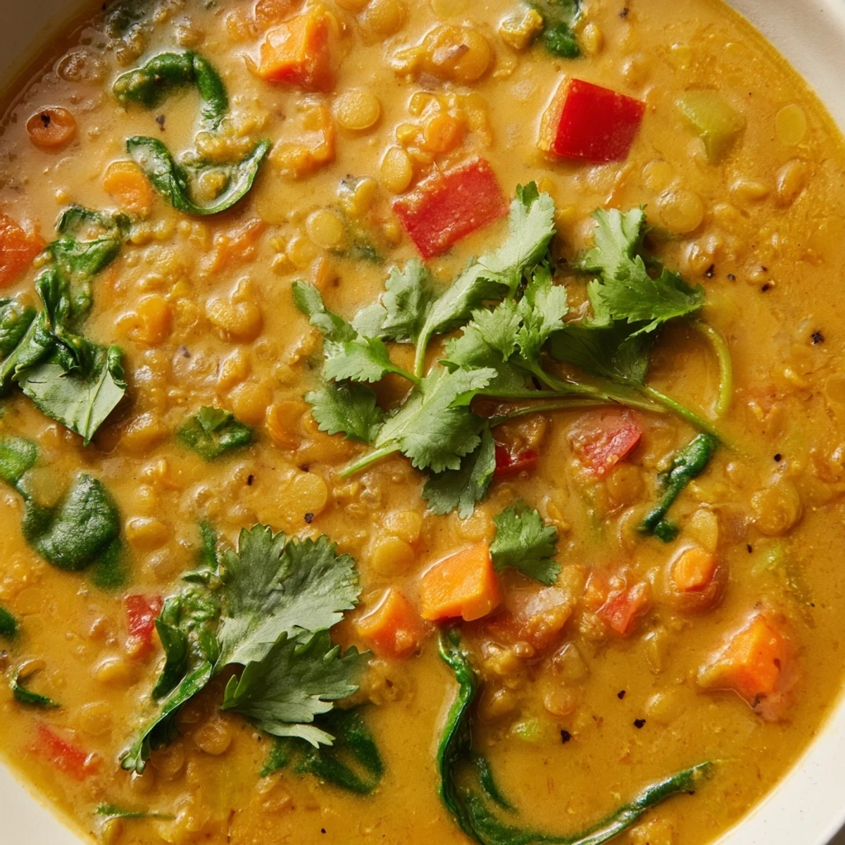 Steaming pot of Coconut Curry Lentil Soup with Spinach, featuring tender lentils, carrots, and rich coconut milk.