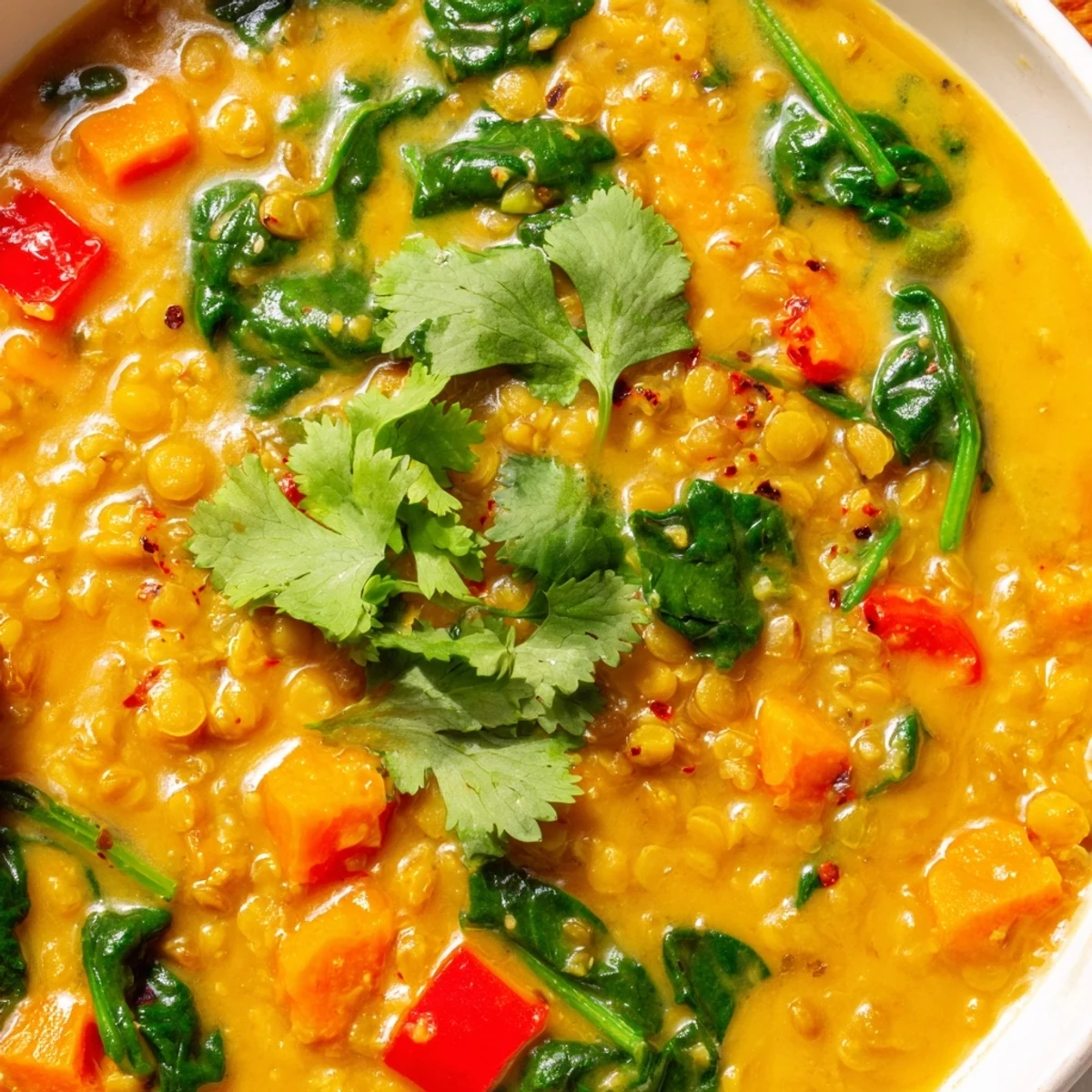 Vibrant bowl of Coconut Curry Lentil Soup with Spinach, served with lime wedges and fluffy basmati rice.