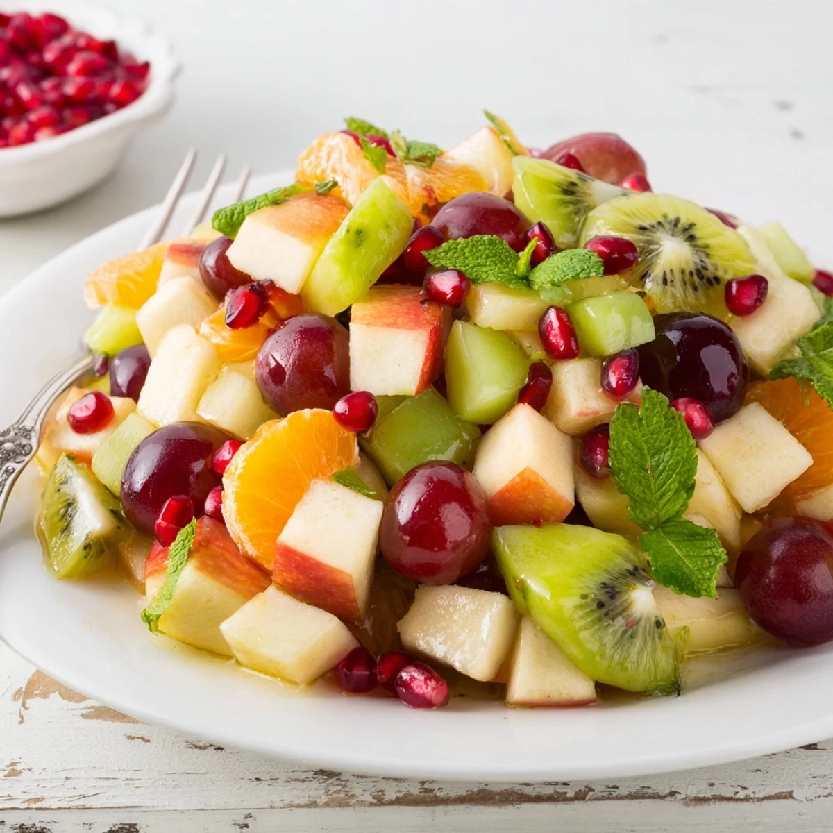 A vibrant Winter Fruit Salad with Honey Lime Dressing features colorful pomegranate arils, orange segments, and sliced kiwis glistening with a sweet, zesty dressing.