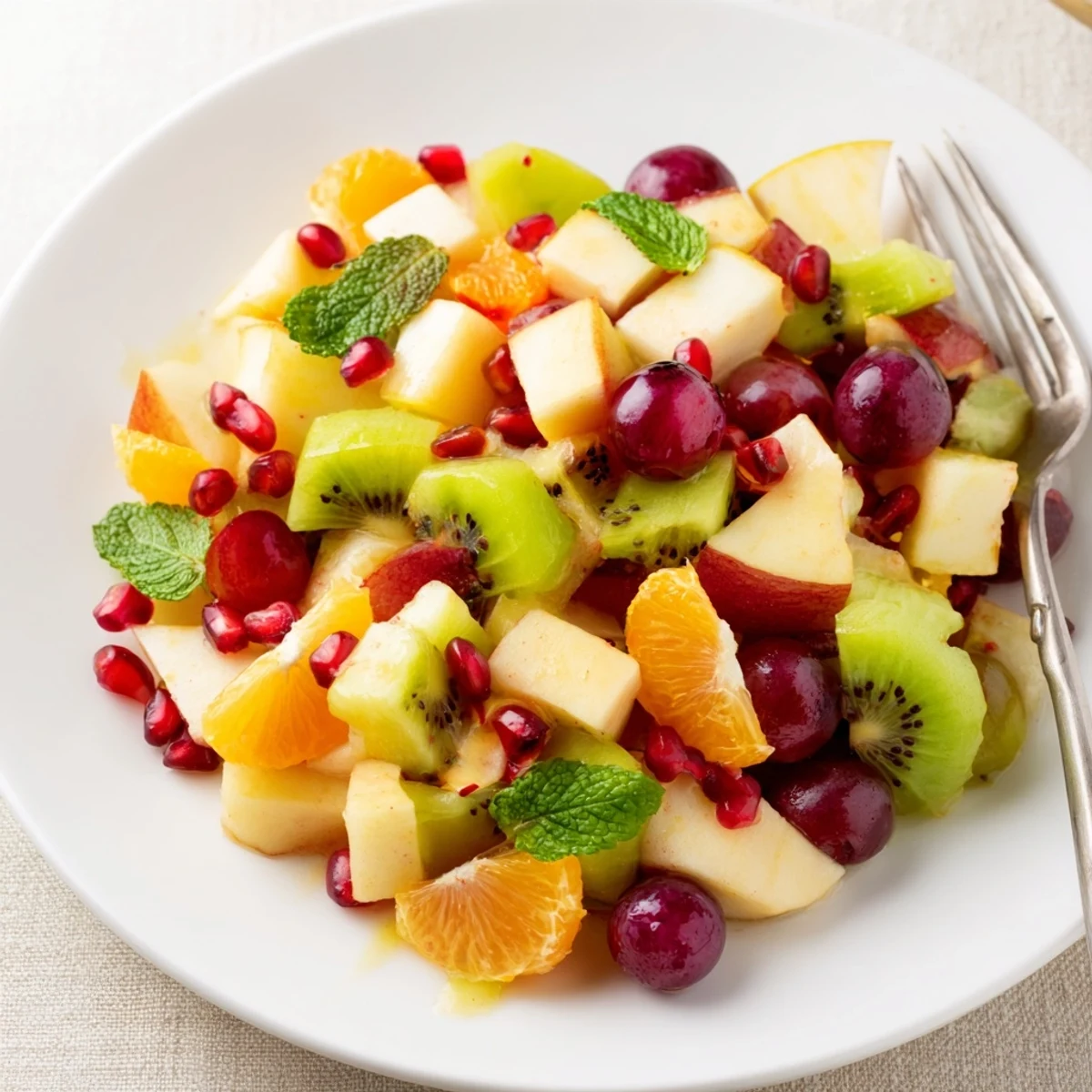 Freshly diced apples and pears in the Winter Fruit Salad with Honey Lime Dressing are tossed with halved red grapes and optional mint garnish.