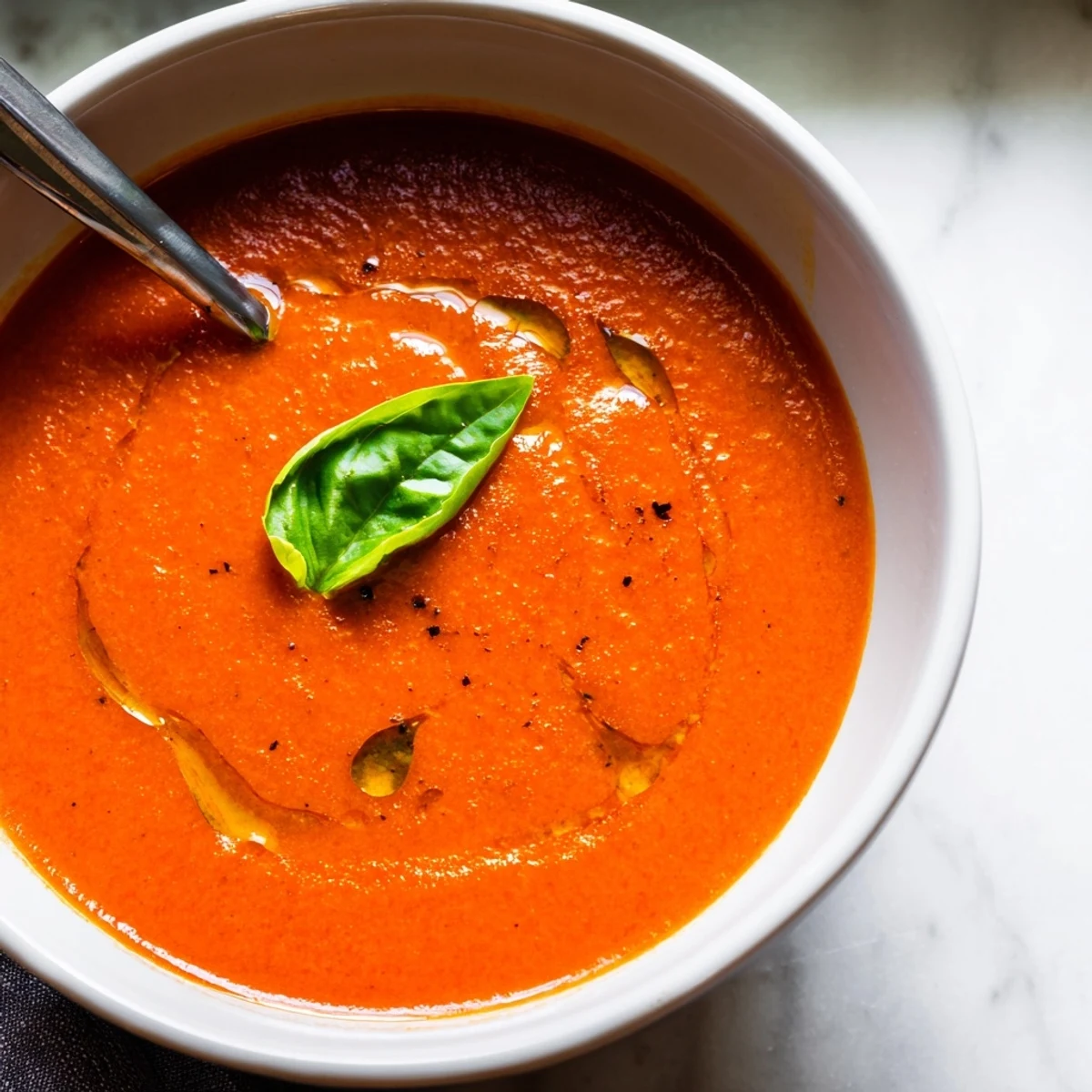 A close-up of vibrant Roasted Garlic and Tomato Basil Soup in a rustic bowl, garnished with fresh basil and a swirl of cream.  