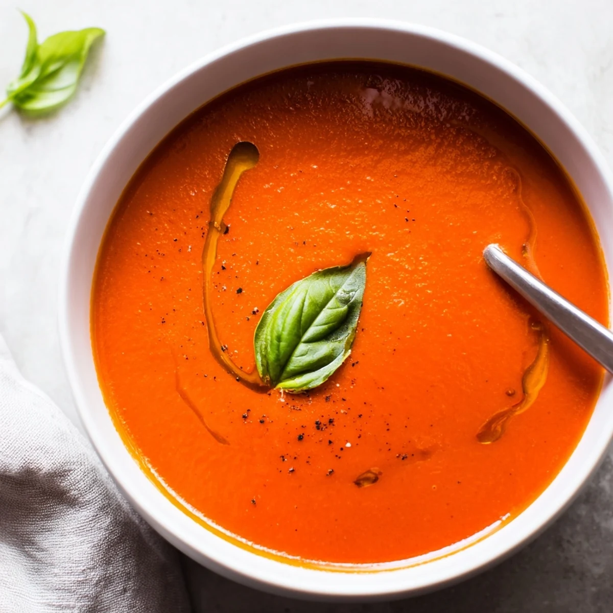 A comforting spoonful of creamy Roasted Garlic and Tomato Basil Soup, perfect for a cozy weeknight dinner or lunch.