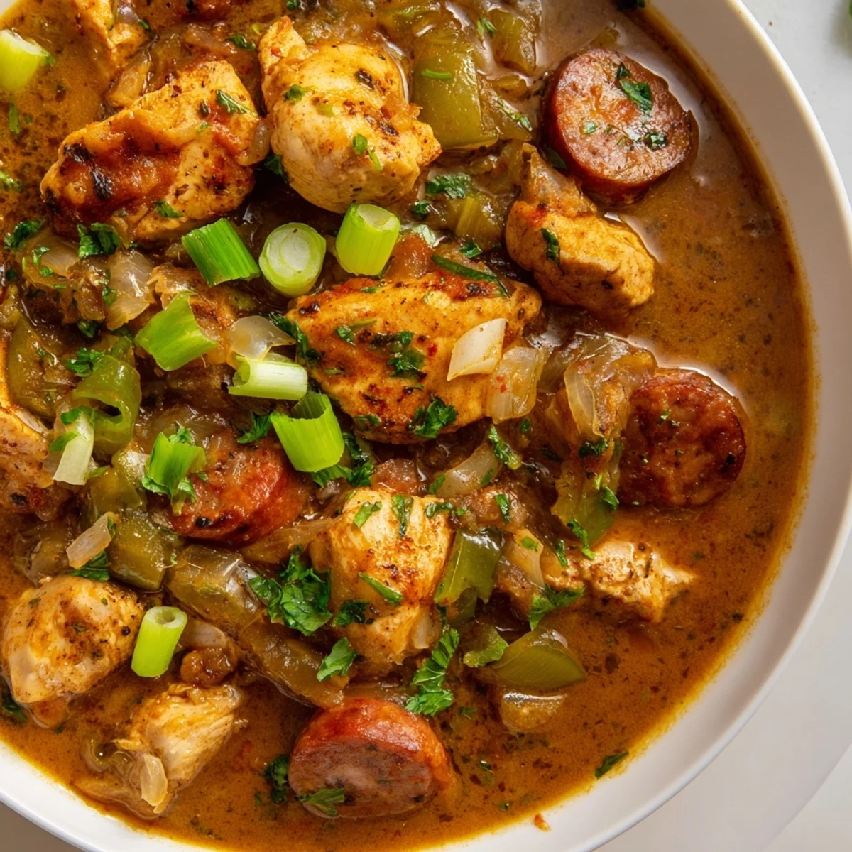 Savory Cajun Chicken and Sausage Stew simmering in a pot, rich with spices and chunks of tender meat, ready to serve over rice.