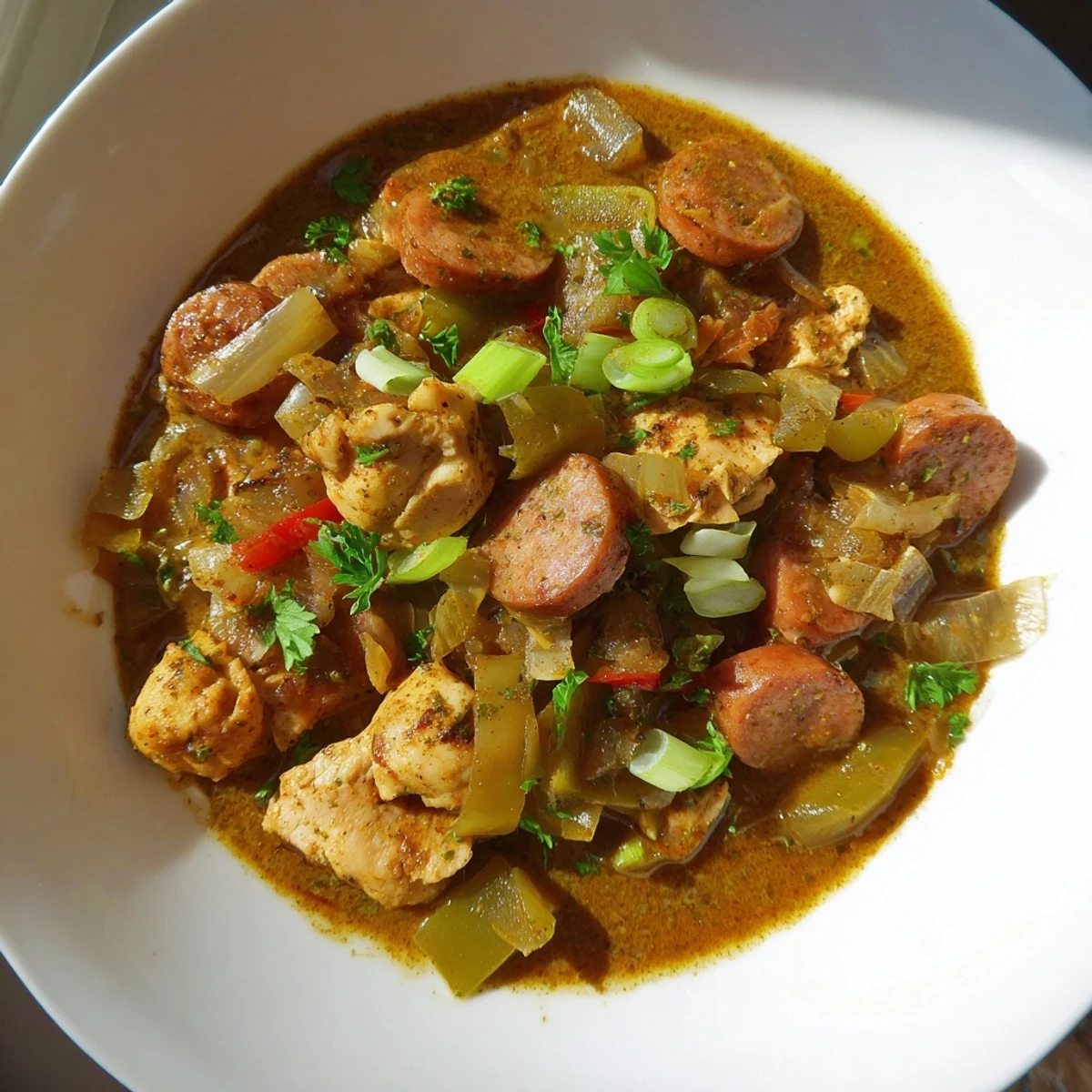 Stovetop Cajun Chicken and Sausage Stew in a Dutch oven, showcasing a thick, flavorful gravy with bell peppers and tender chicken pieces.