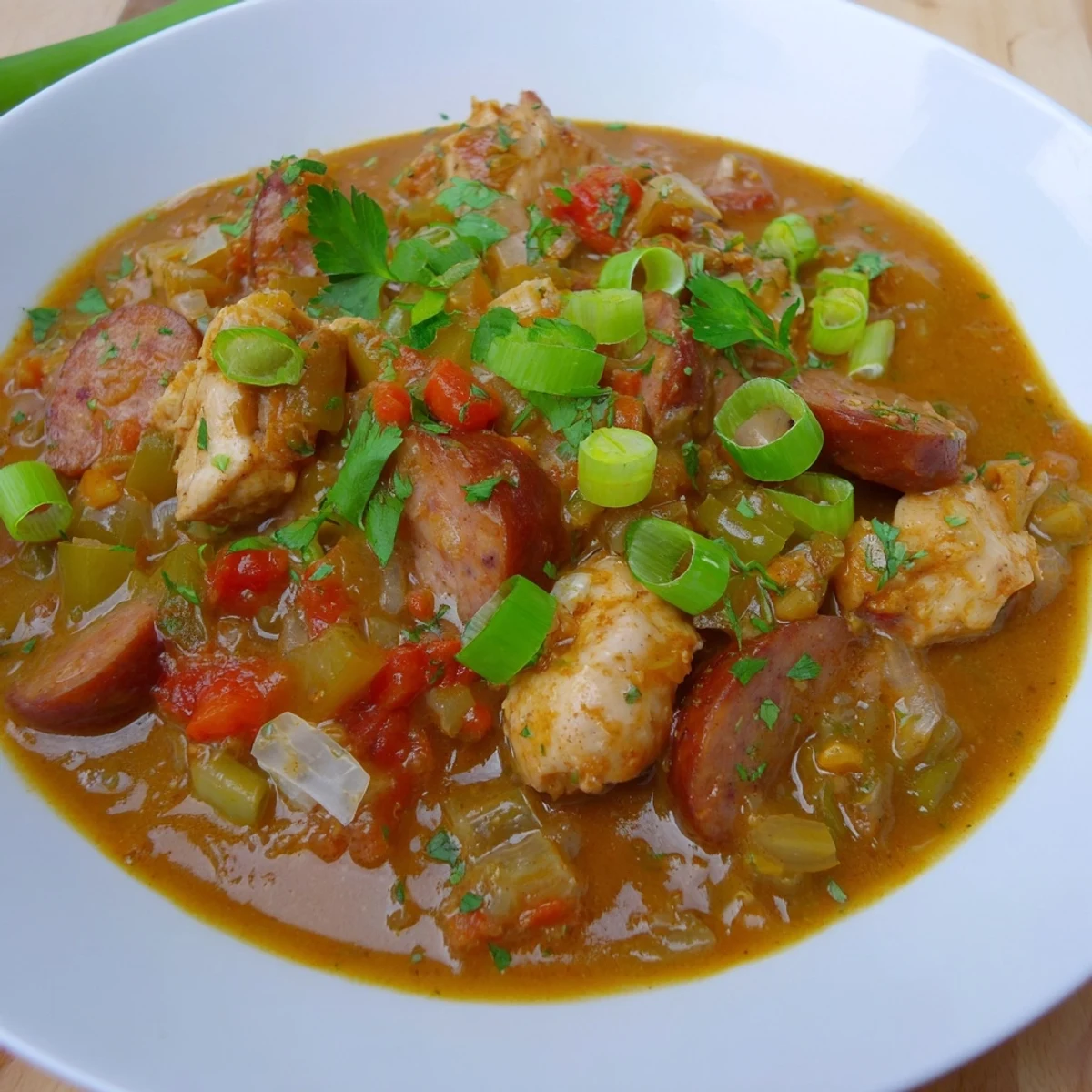 Hearty bowl of Cajun Chicken and Sausage Stew garnished with fresh parsley and green onions, a comforting Southern meal for family dinners.